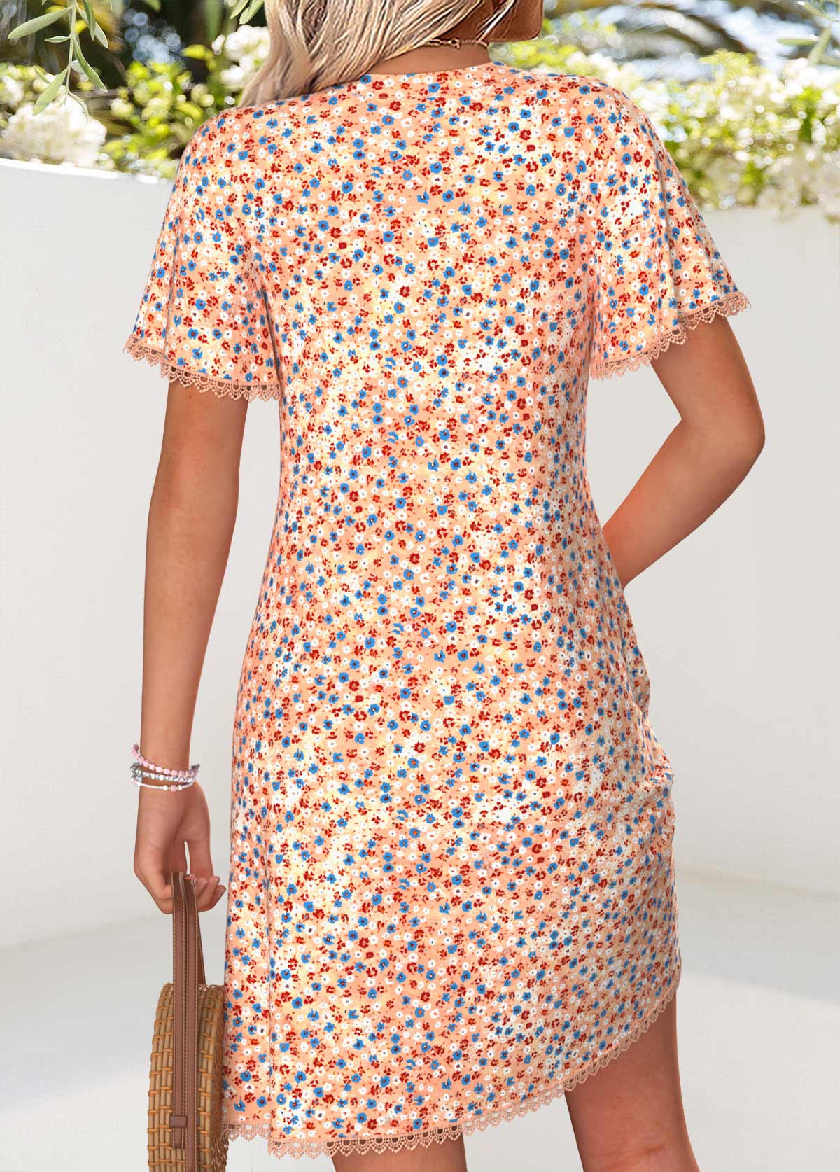 Orange Ditsy Floral Print Short Tuck Stitch Dress | picture 