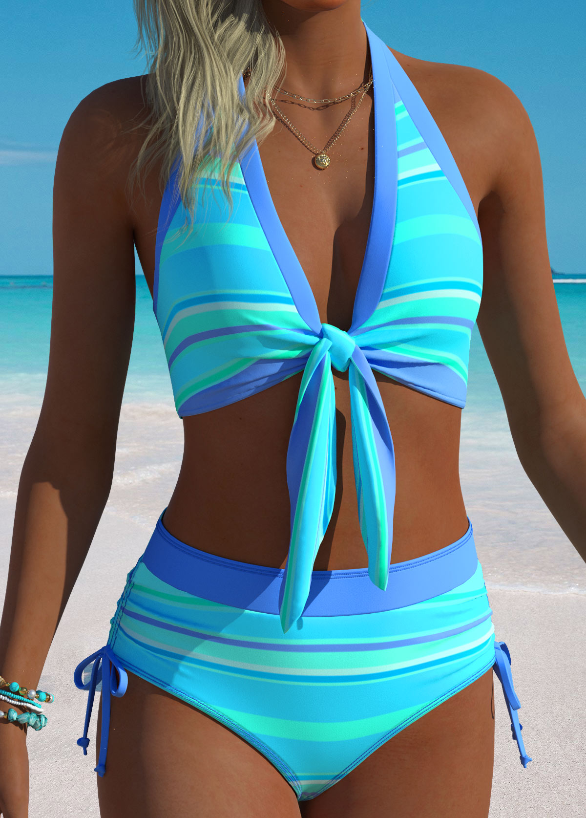 Blue Mid Waisted Ruched Striped Bikini Set | picture 