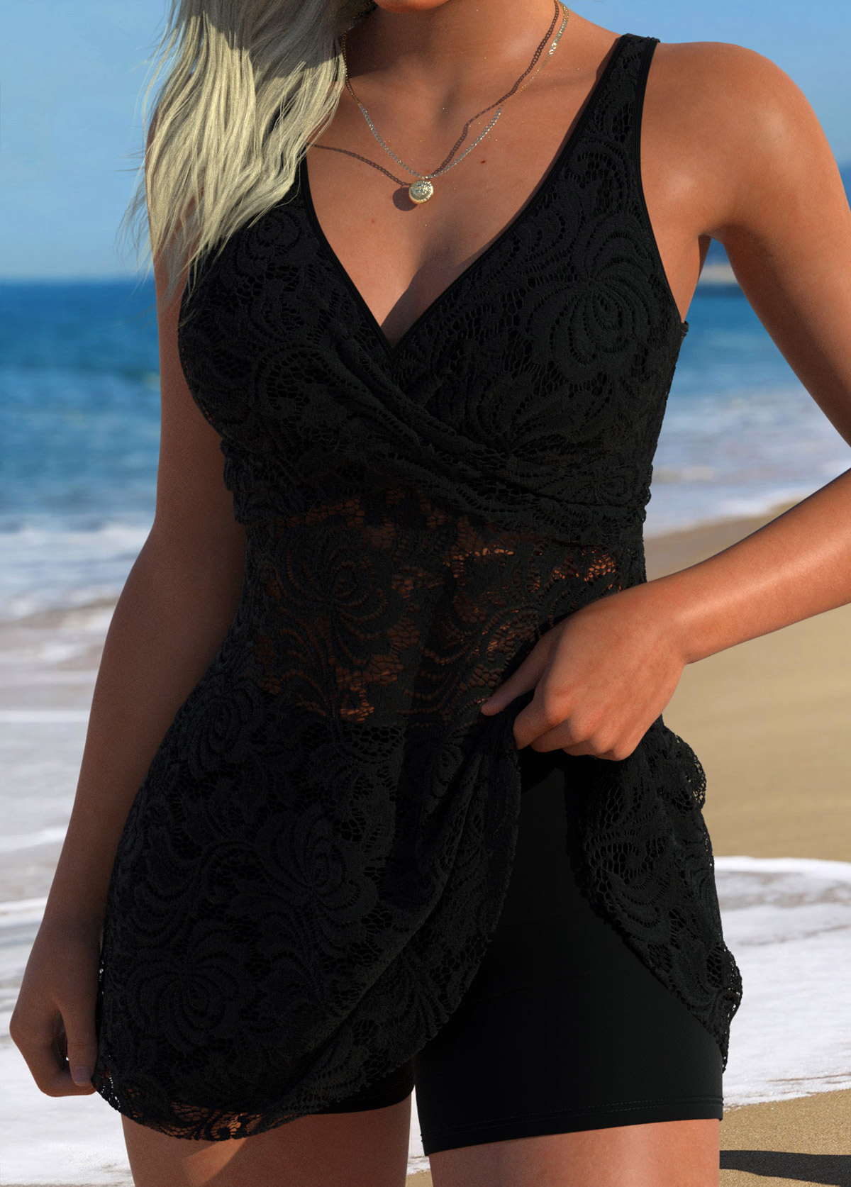 Black Patchwork Mid Waisted Tankini Set | picture 