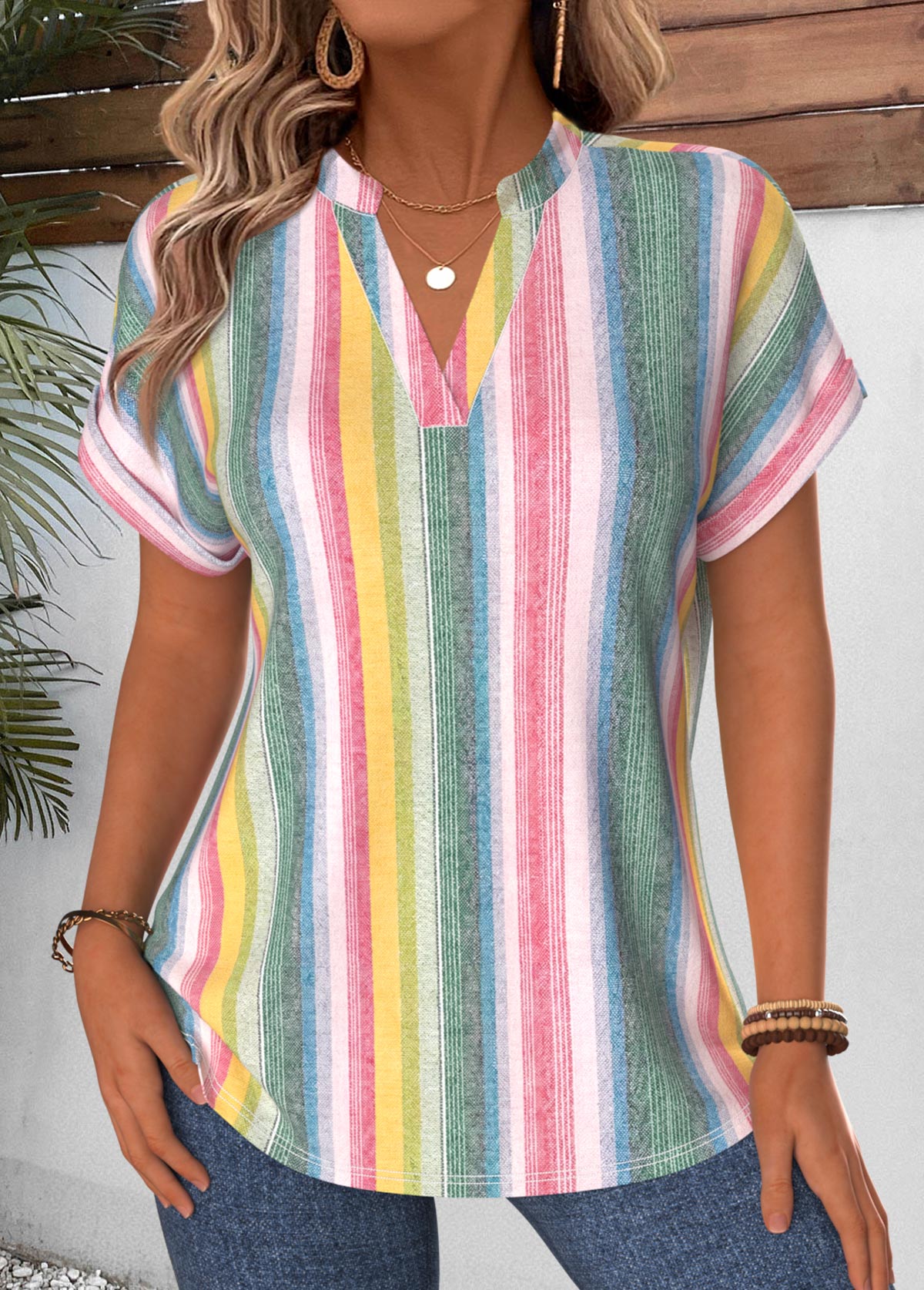 Plus Size Multi Color Curved Hem Striped Blouse | picture 