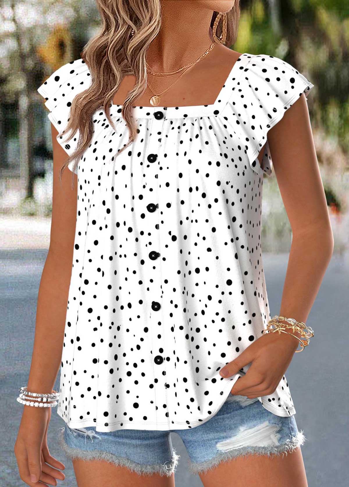 Raw White Polka Dot Curved Hem Short Sleeve Blouse | picture 