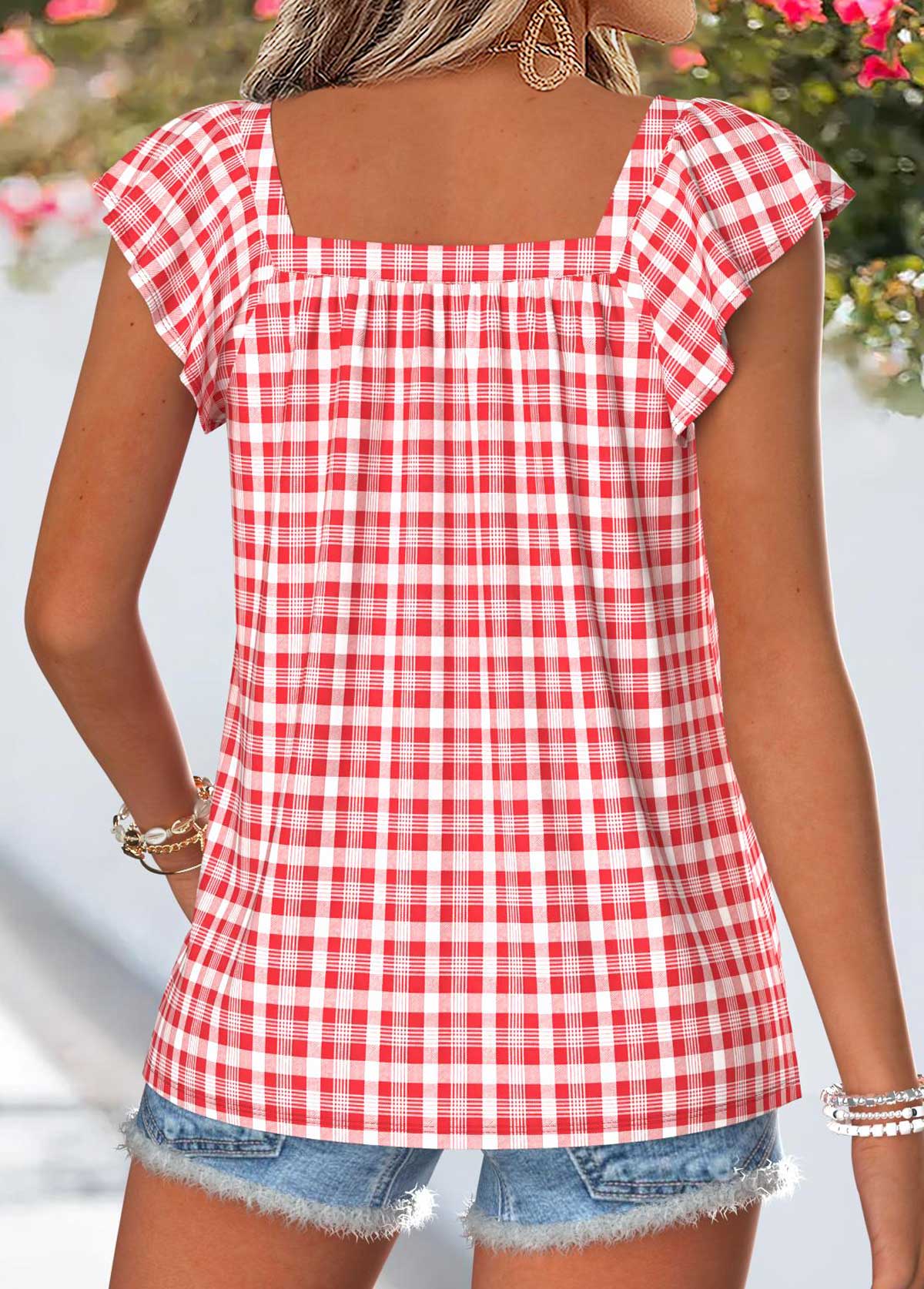 Red Plaid Curved Hem Short Sleeve Square Neck Blouse | picture 