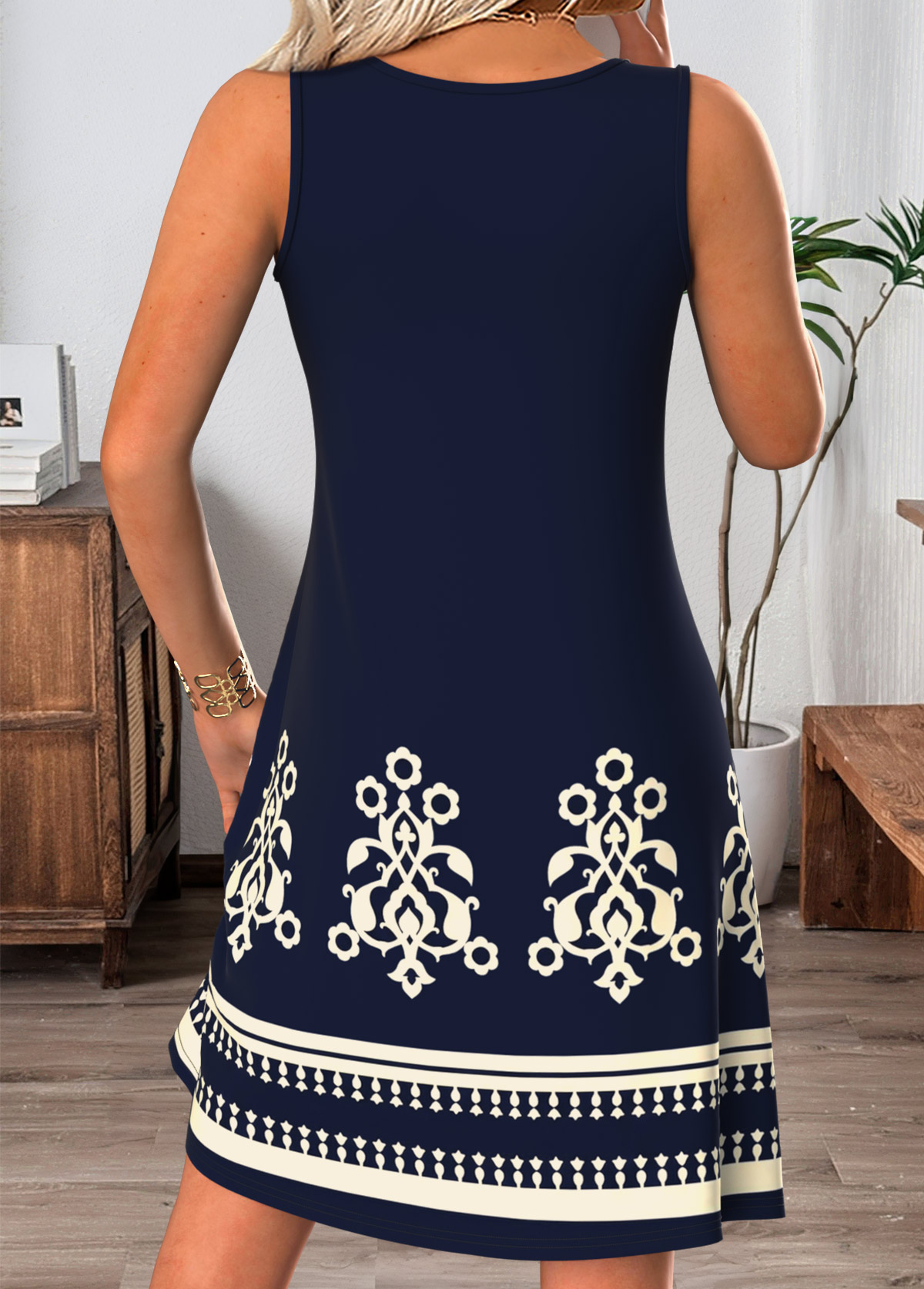 Navy Tribal Print Short Tummy Coverage Sleeveless Dress | picture 