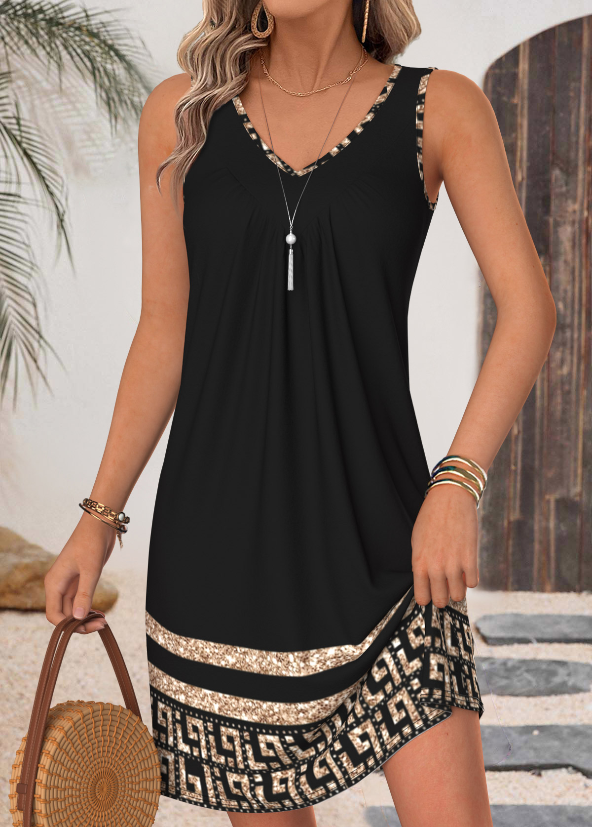 Black Tribal Print Short Shirred Sleeveless V Neck Dress | picture 