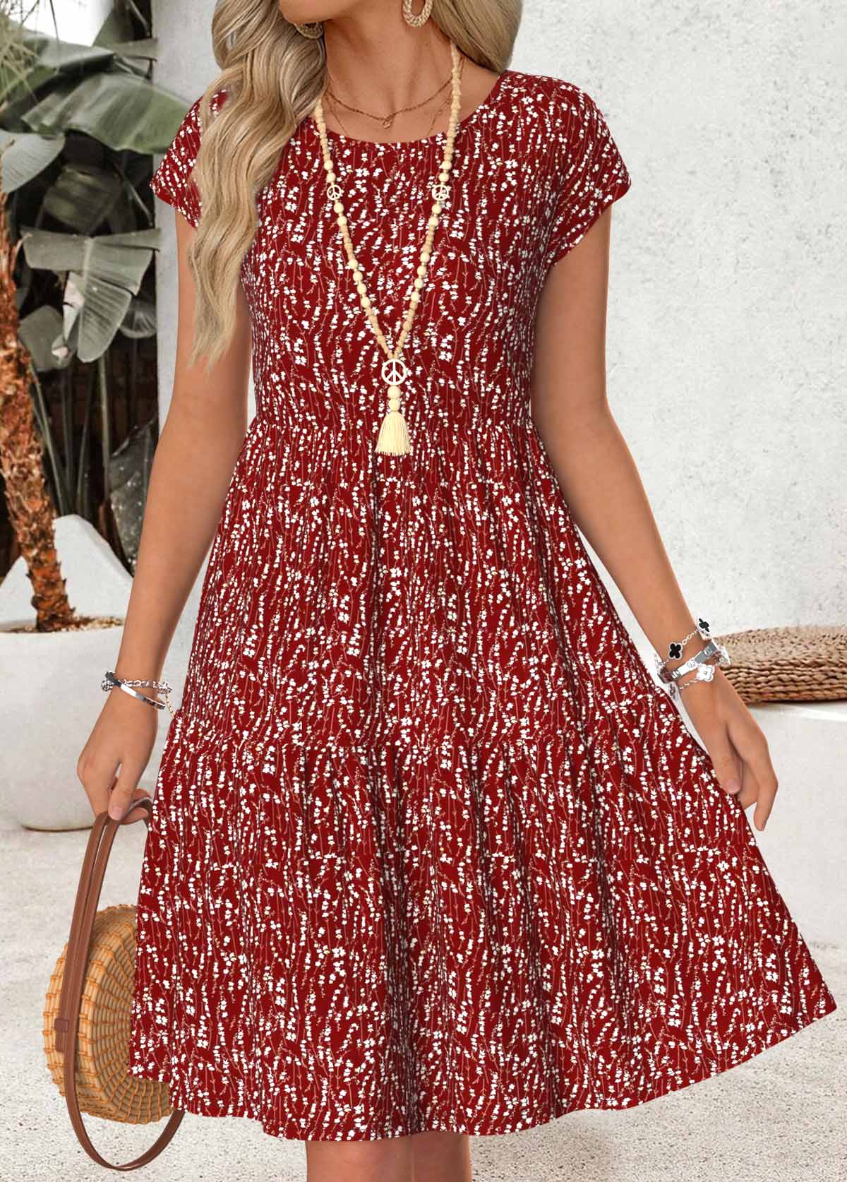 Red Ditsy Floral Print Shirred Short Sleeve Dress | picture 