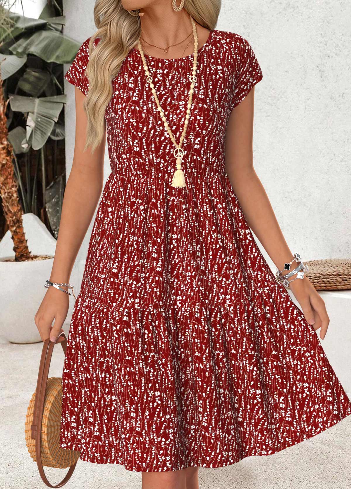Red Ditsy Floral Print Shirred Short Sleeve Dress | picture 