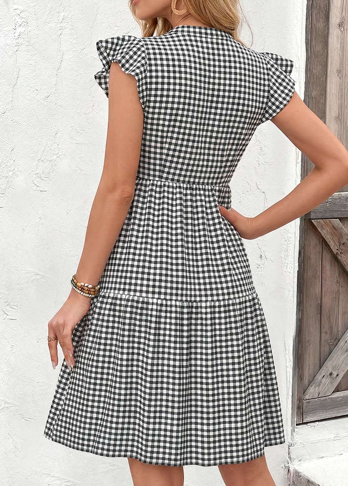 Black Gingham Print Short Ruffle Split Neck Dress | picture 