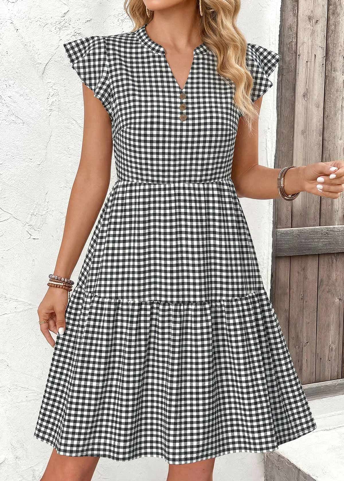Black Gingham Print Short Ruffle Split Neck Dress | picture 