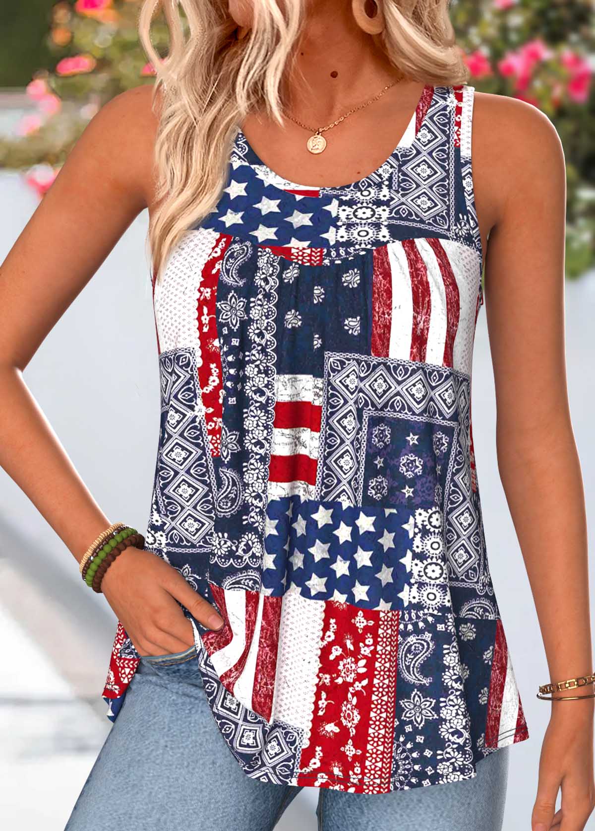 American Flag Navy Tribal Print Curved Hem Tank Top | picture 