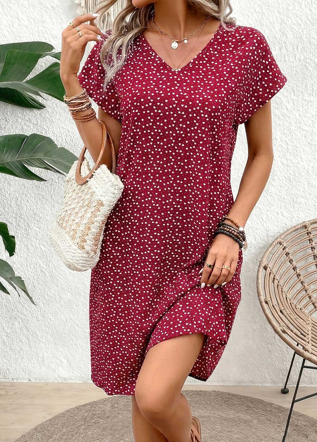 Wine Red Geometric Print Short Tummy Coverage Dress | picture 