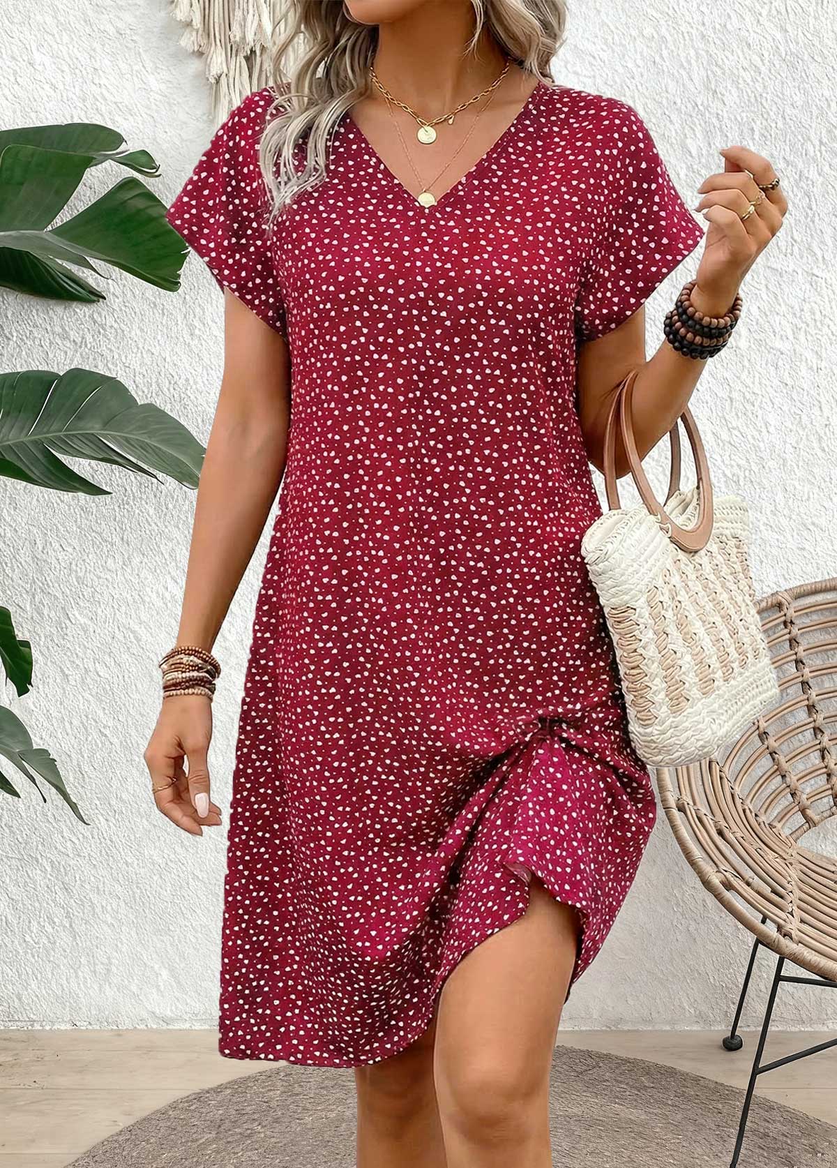 Wine Red Geometric Print Short Tummy Coverage Dress | picture 