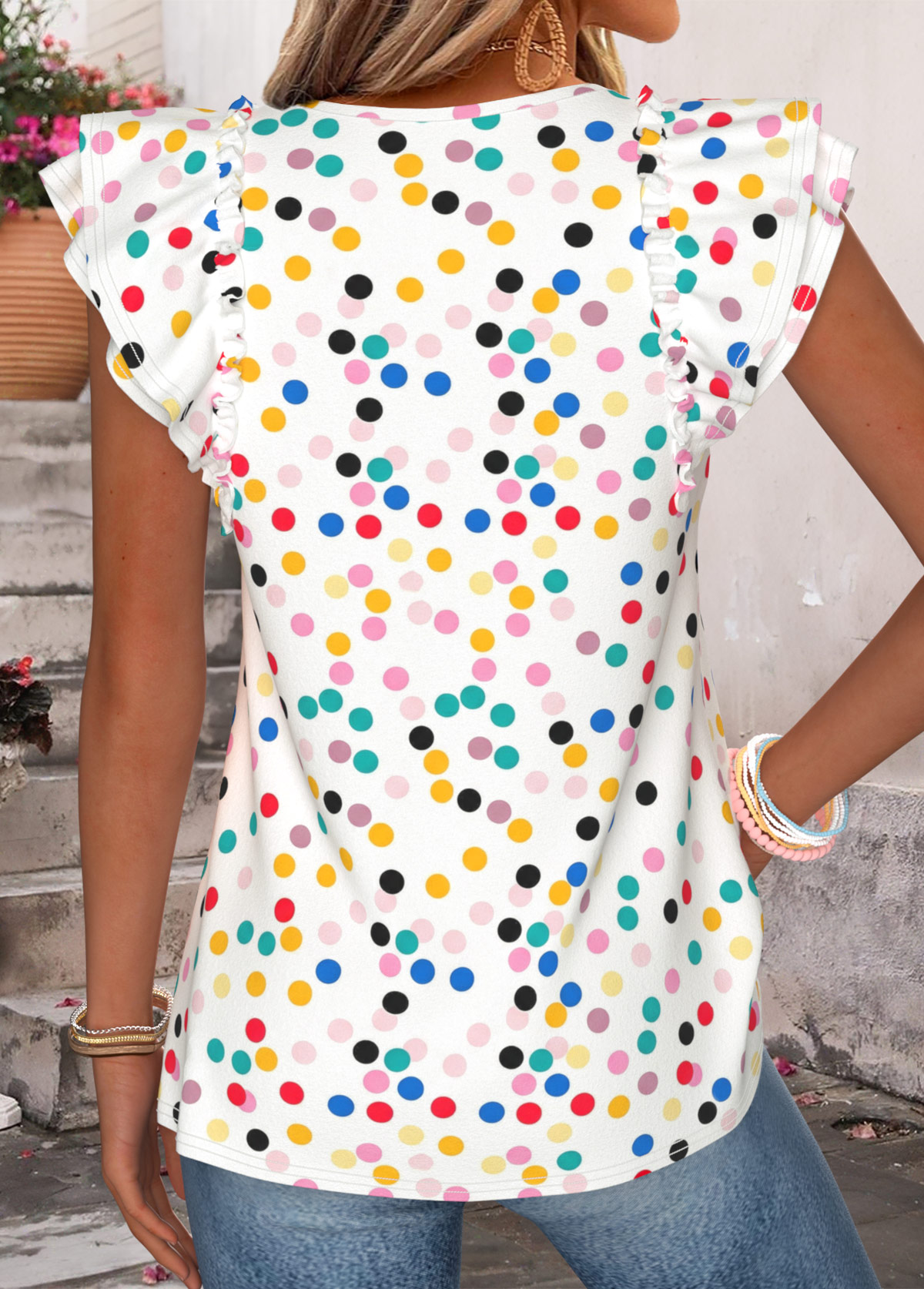 Multi Color Polka Dot Tuck Stitch Short Sleeve Blouse | picture 