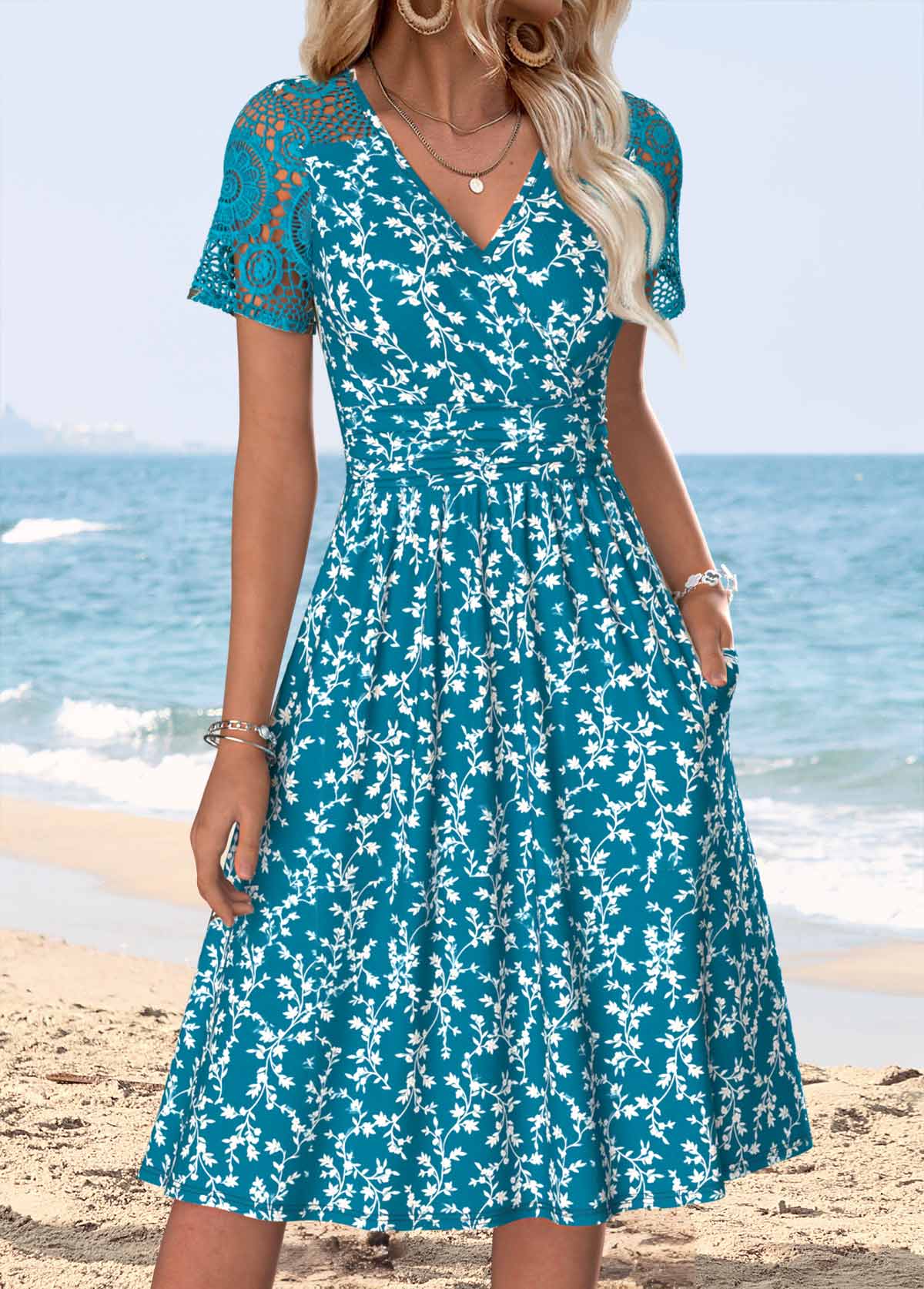 Peacock Blue Ditsy Floral Print Patchwork Short Sleeve Dress | picture 