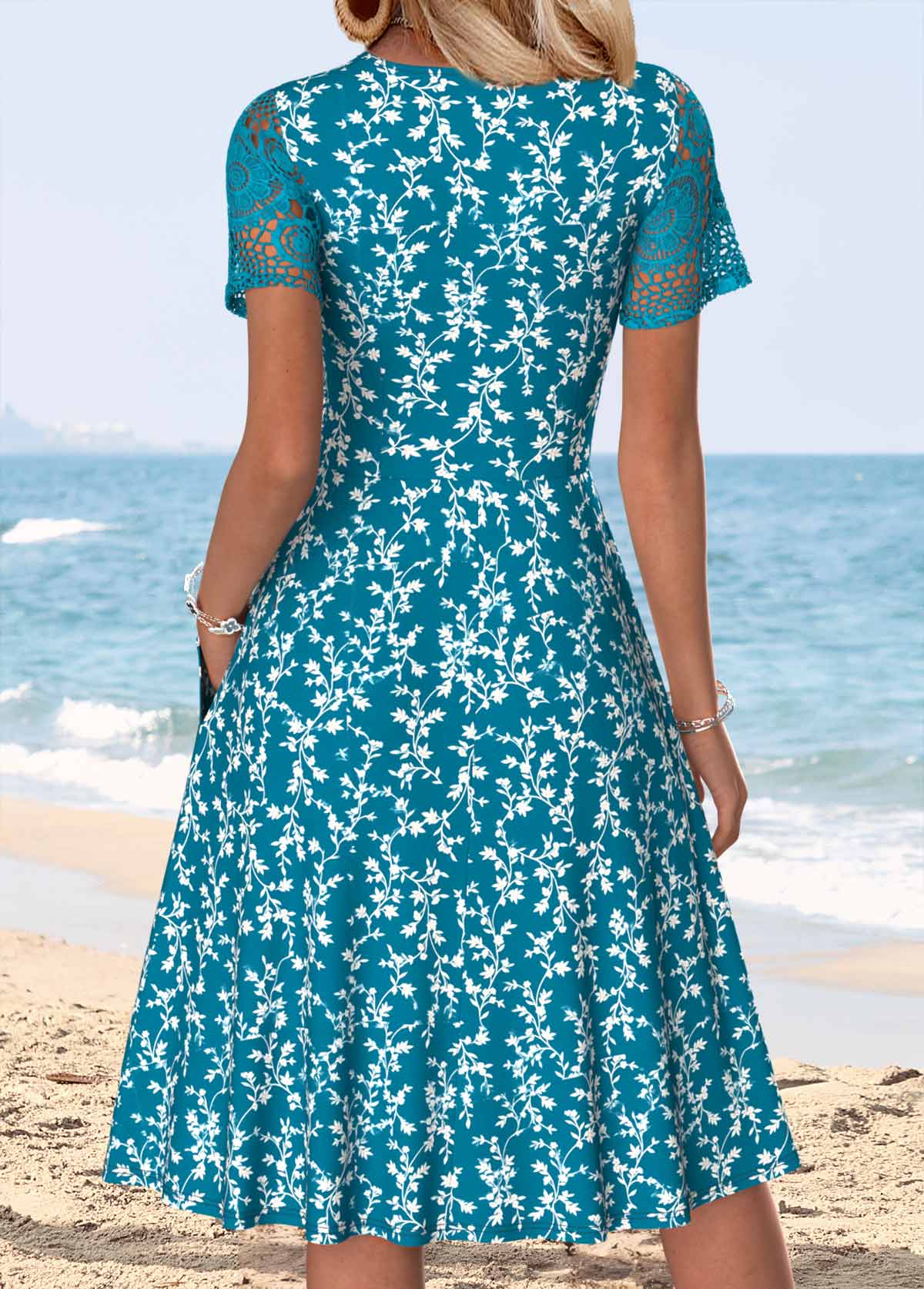 Peacock Blue Ditsy Floral Print Patchwork Short Sleeve Dress | picture 