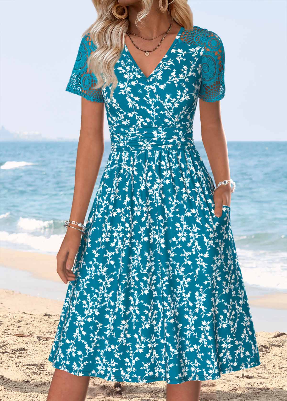 Peacock Blue Ditsy Floral Print Patchwork Short Sleeve Dress | picture 