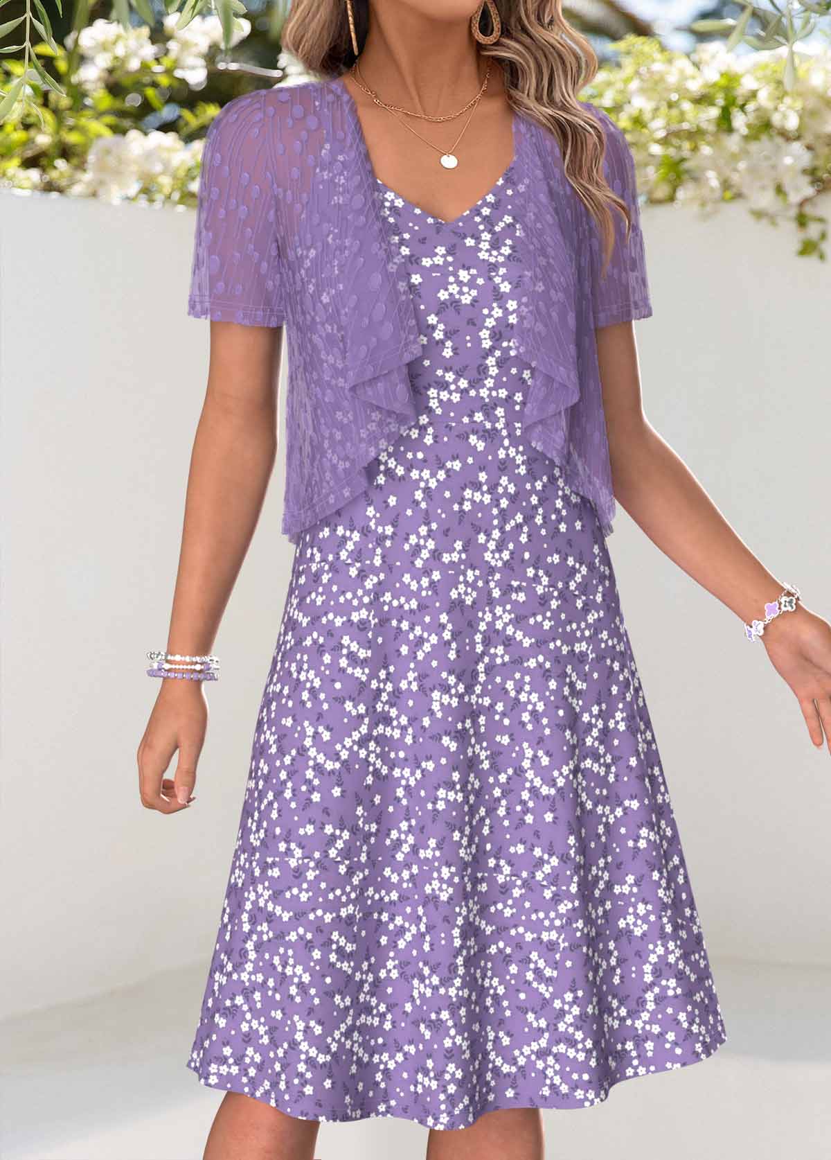 Light Purple Ditsy Floral Print Dress and Cardigan | picture 