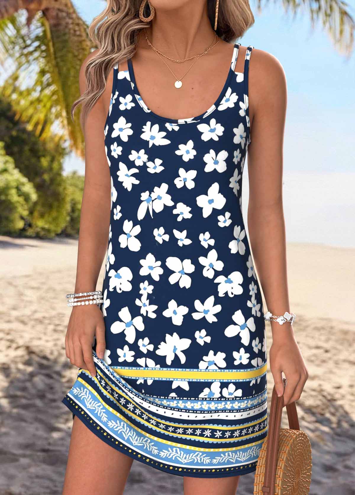 Navy Floral Print Short Cut Out Strappy Dress | picture 