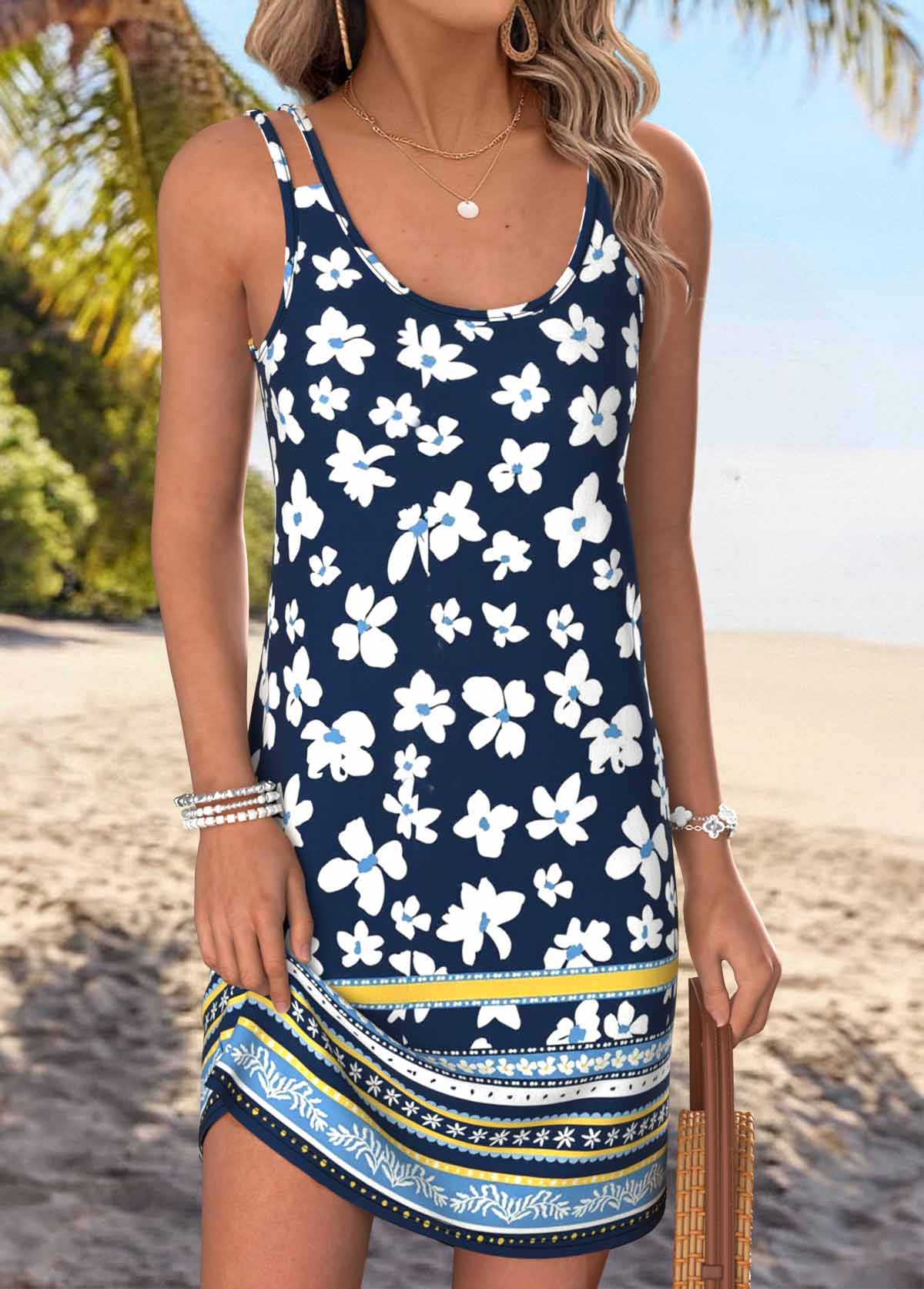 Navy Floral Print Short Cut Out Strappy Dress | picture 