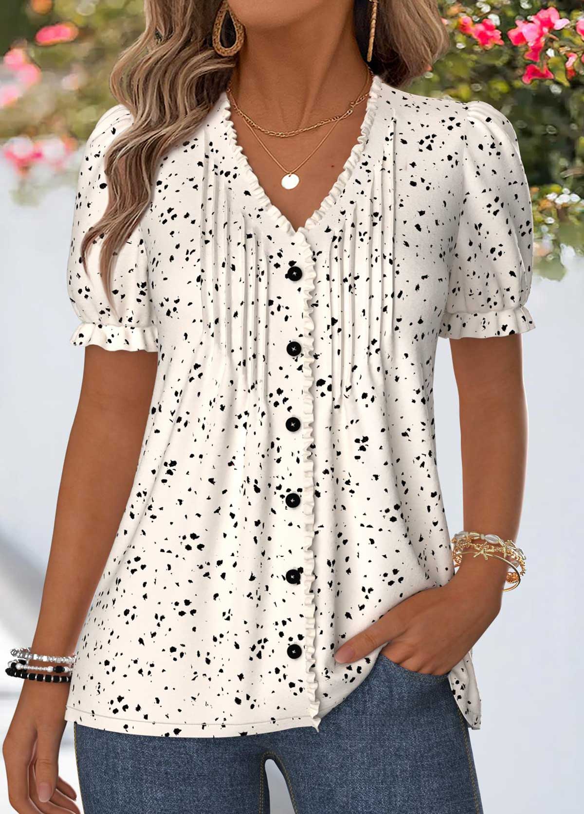 Modlily Beige Geometric Print Frill Short Sleeve T Shirt - L