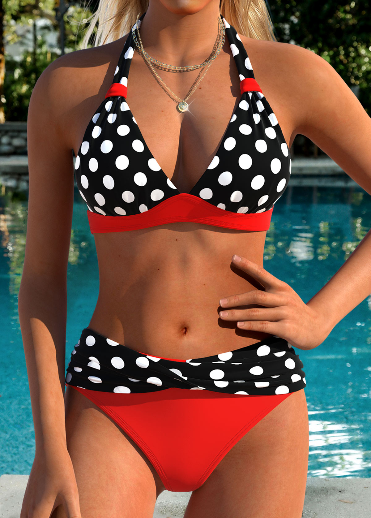 Red Mid Waisted Patchwork Polka Dot Bikini Set | picture 
