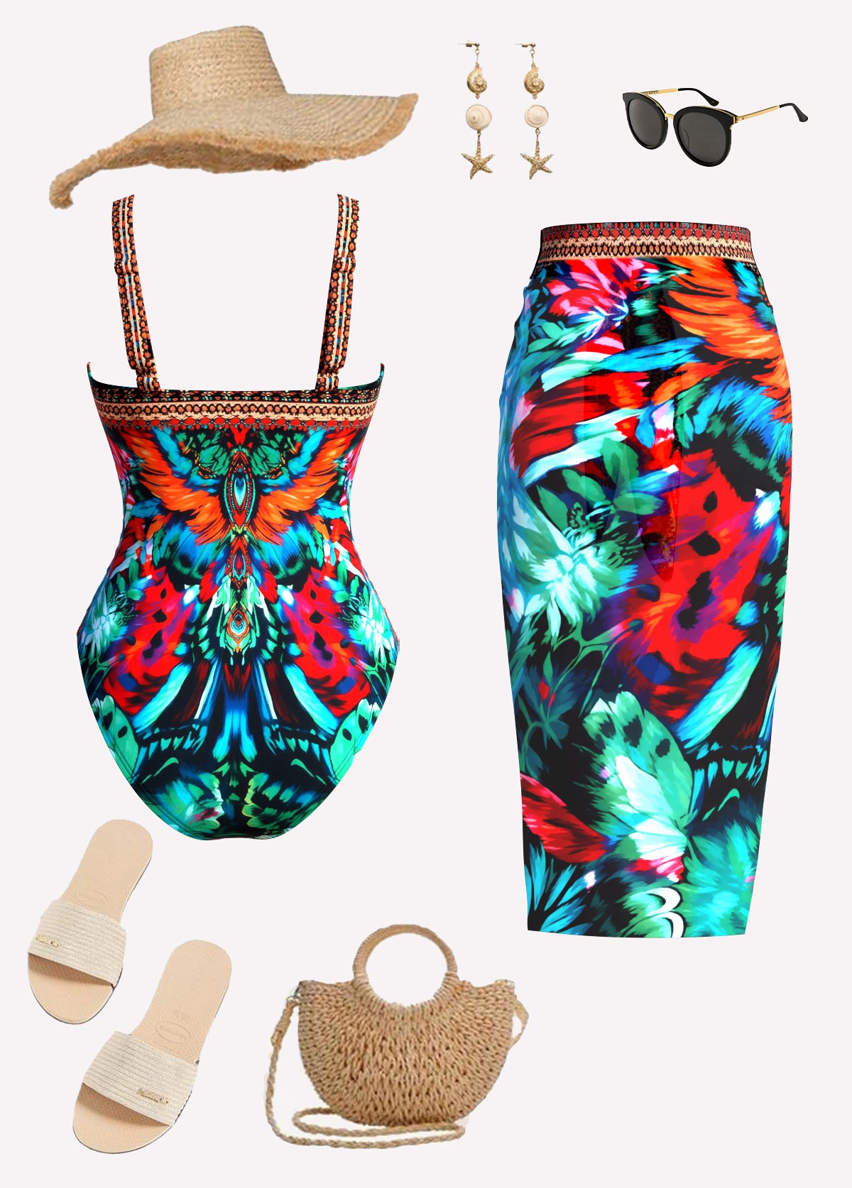 Multi Color Grommet Leopard One Piece Swimwear and Sarong | picture 