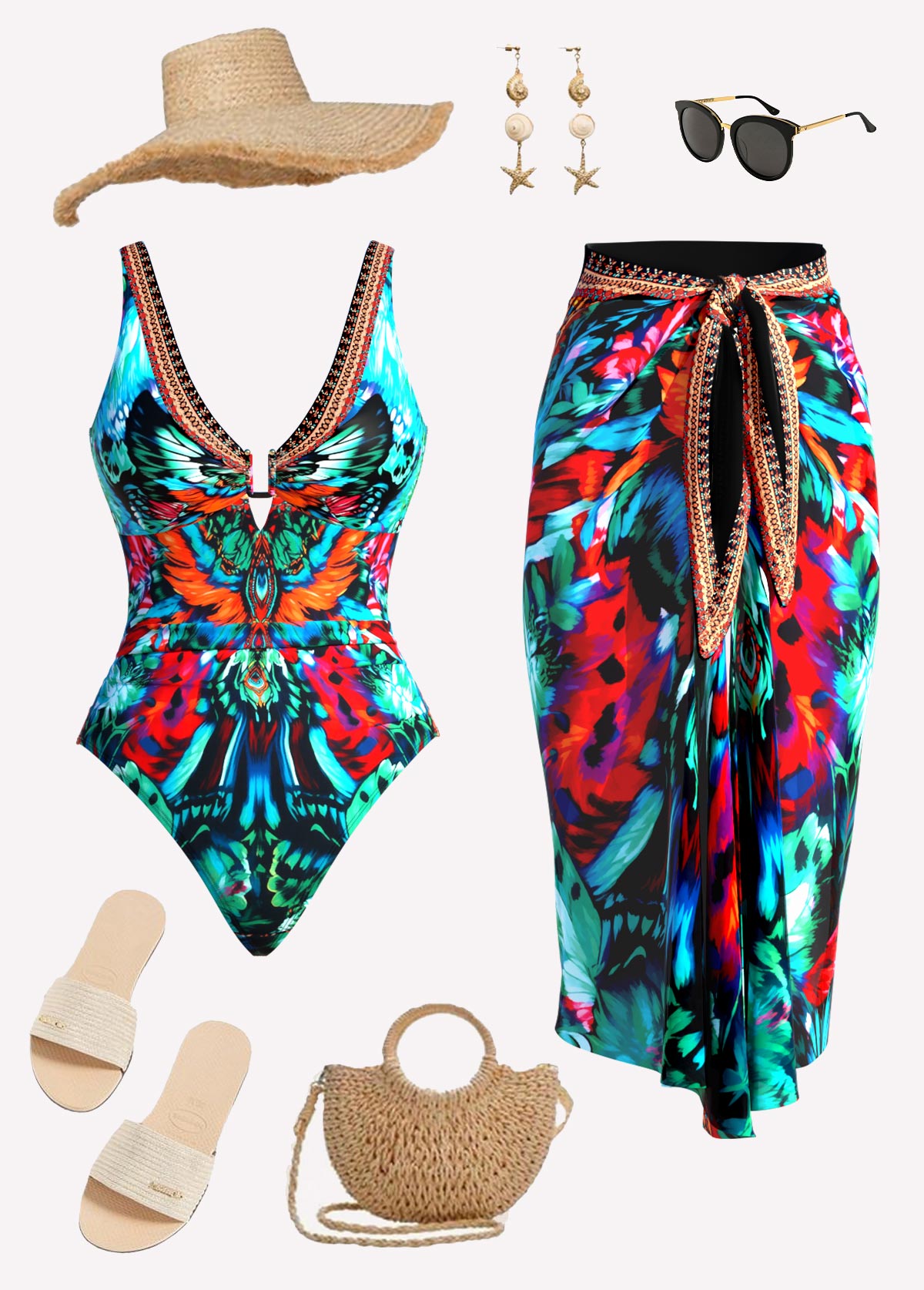 Multi Color Grommet Leopard One Piece Swimwear and Sarong | picture 