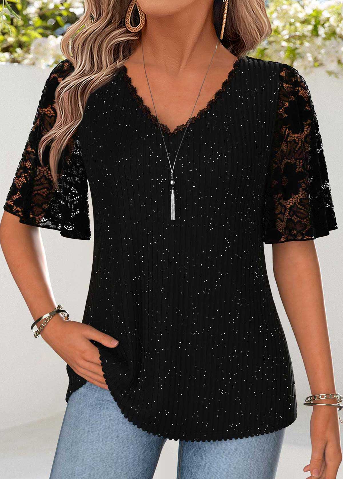 Black Curved Hem Half Sleeve V Neck T Shirt | picture 