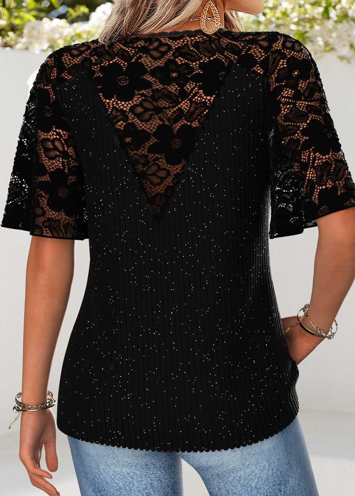 Black Curved Hem Half Sleeve V Neck T Shirt | picture 