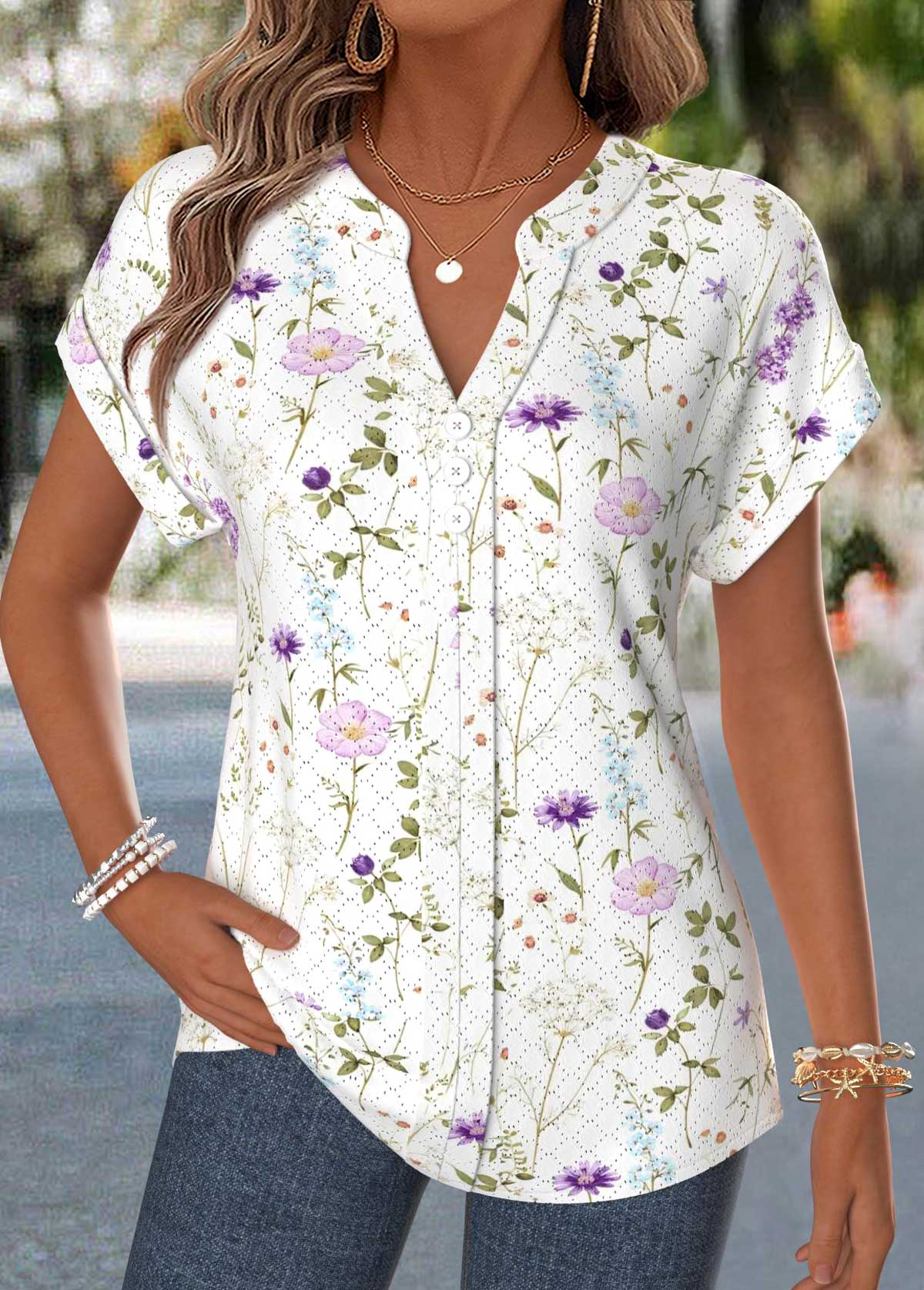 Raw White Floral Print Curved Hem Short Sleeve Blouse | picture 