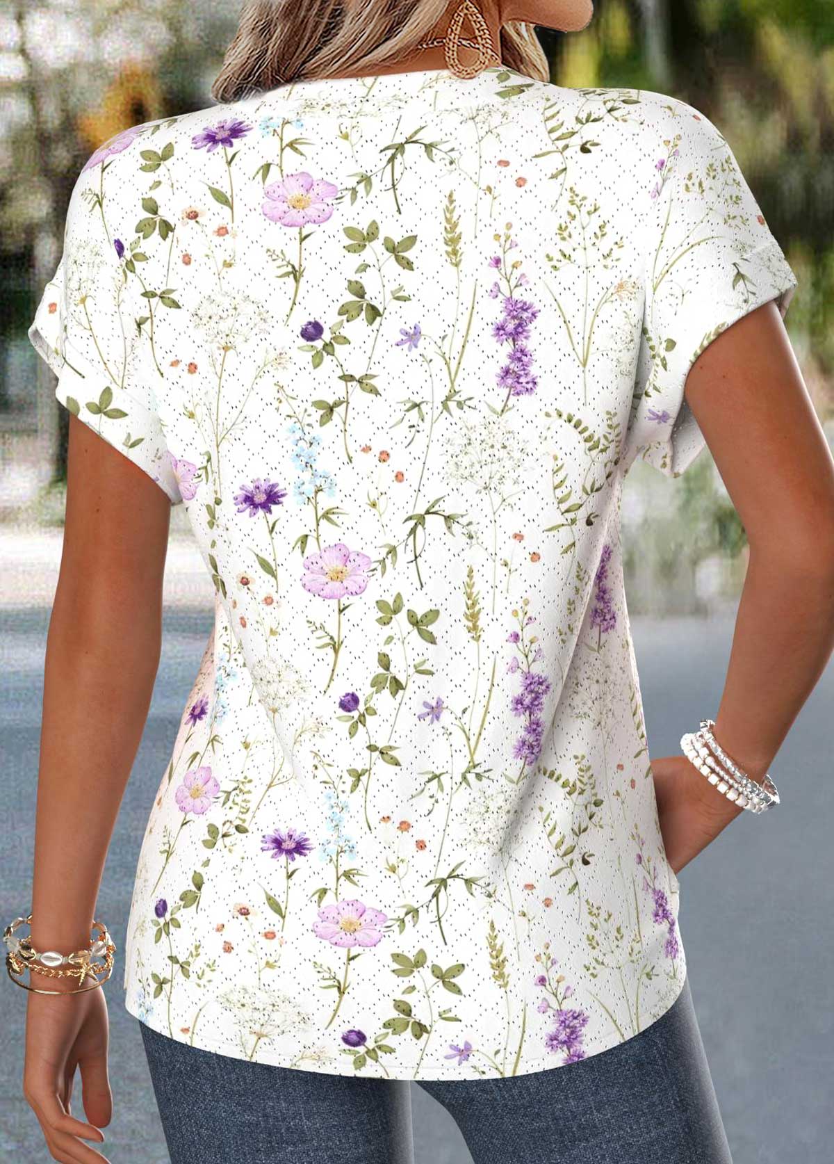 Raw White Floral Print Curved Hem Short Sleeve Blouse | picture 