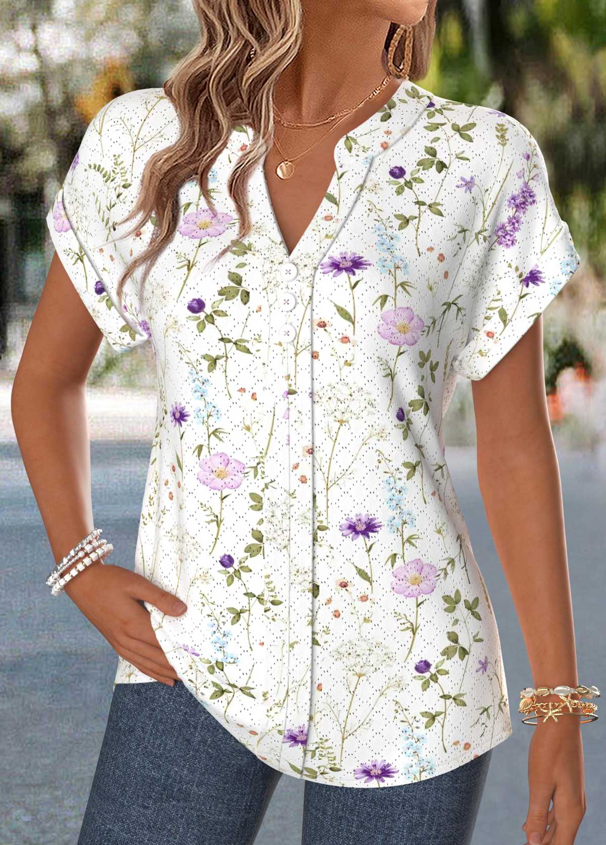 Raw White Floral Print Curved Hem Short Sleeve Blouse | picture 