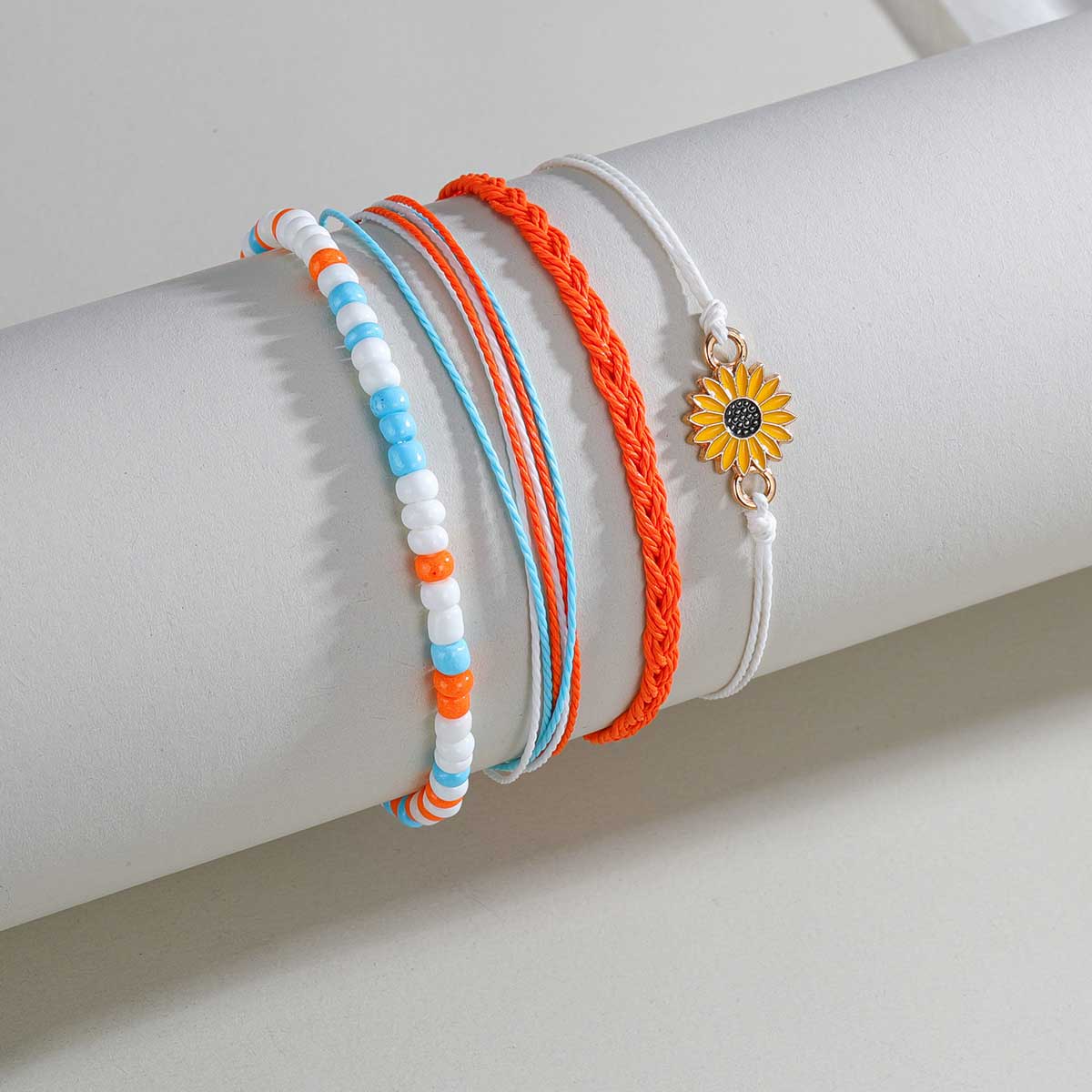 Orange Flower Adjustable Beaded Anklet Set | picture 