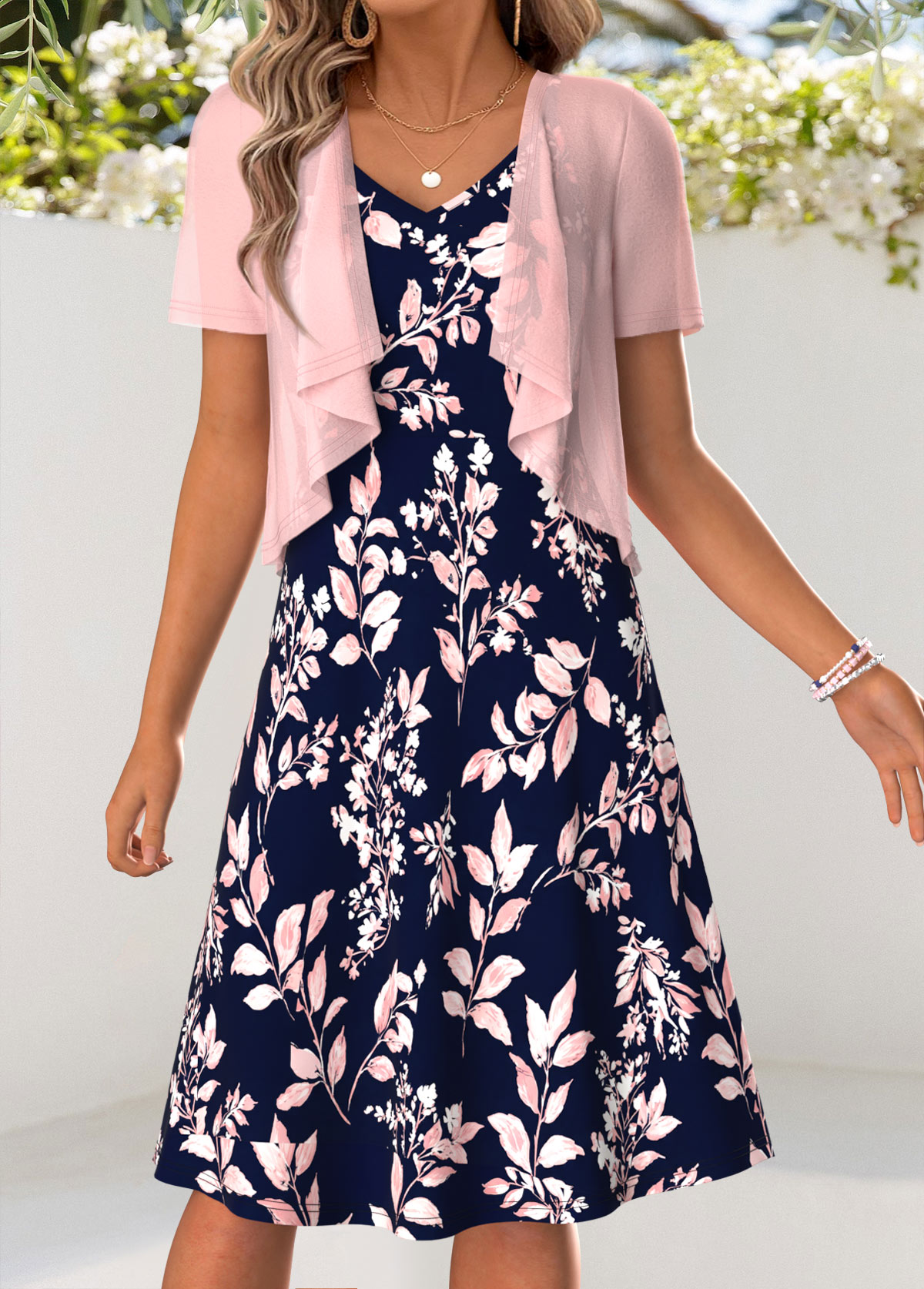 Pink Leaf Print Tummy Coverage Dress and Cardigan | picture 