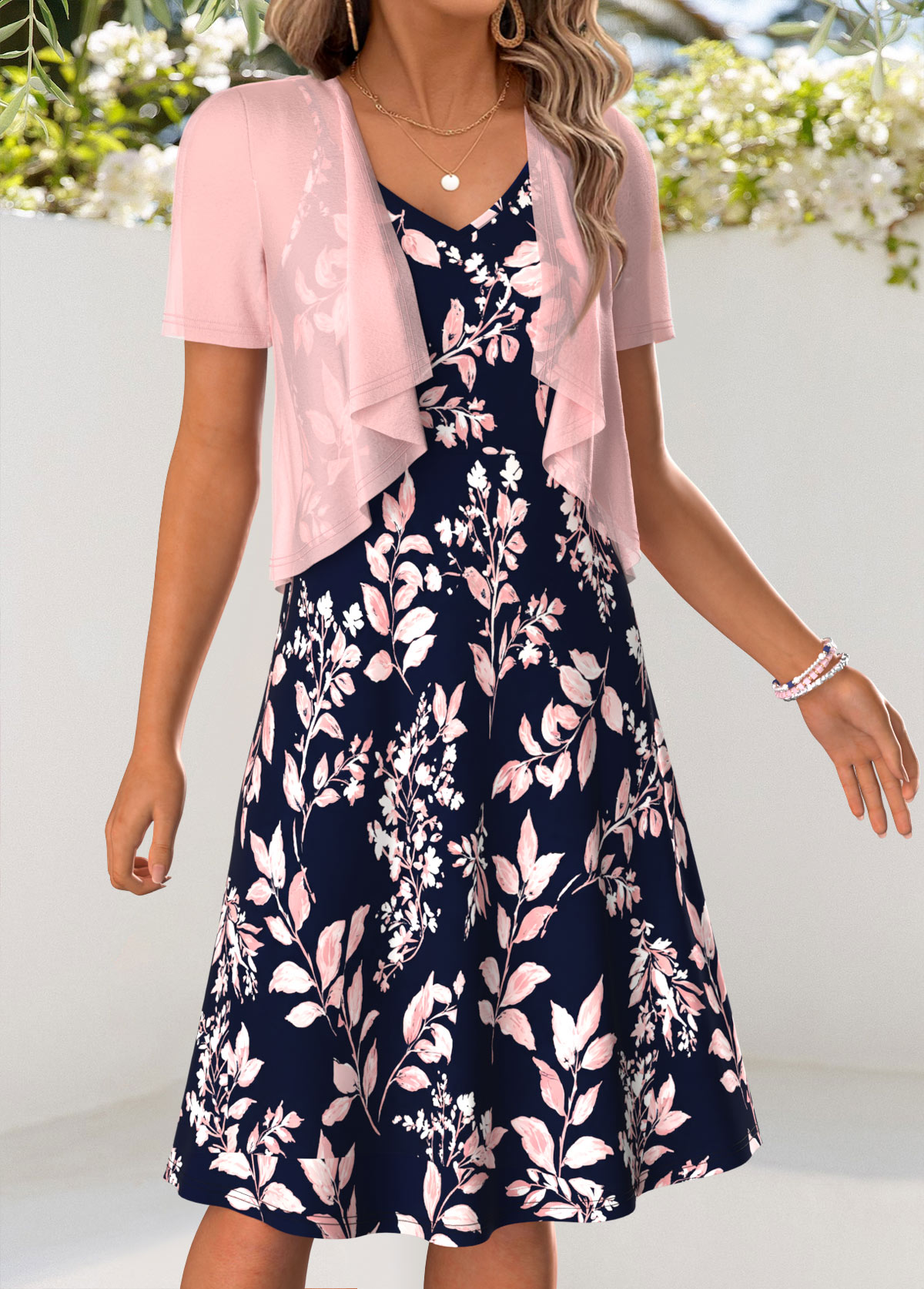 Pink Leaf Print Tummy Coverage Dress and Cardigan | picture 