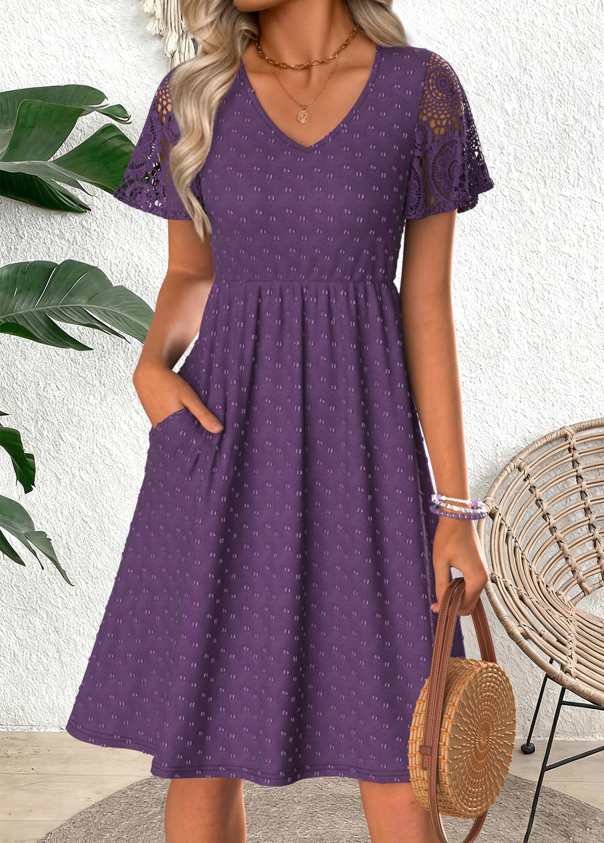 Dark Purple Shirred Short Sleeve V Neck Dress | picture 