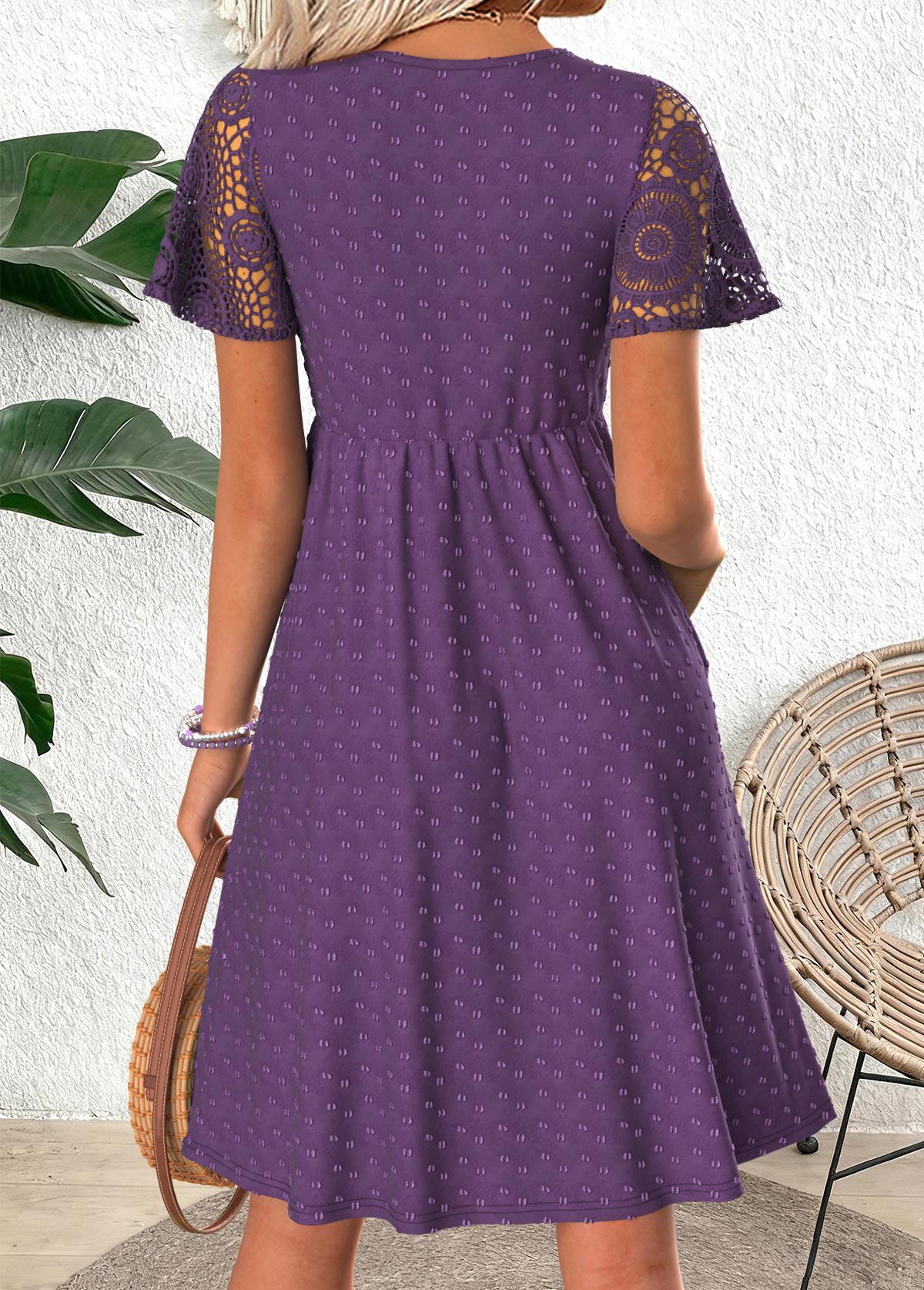Dark Purple Shirred Short Sleeve V Neck Dress | picture 