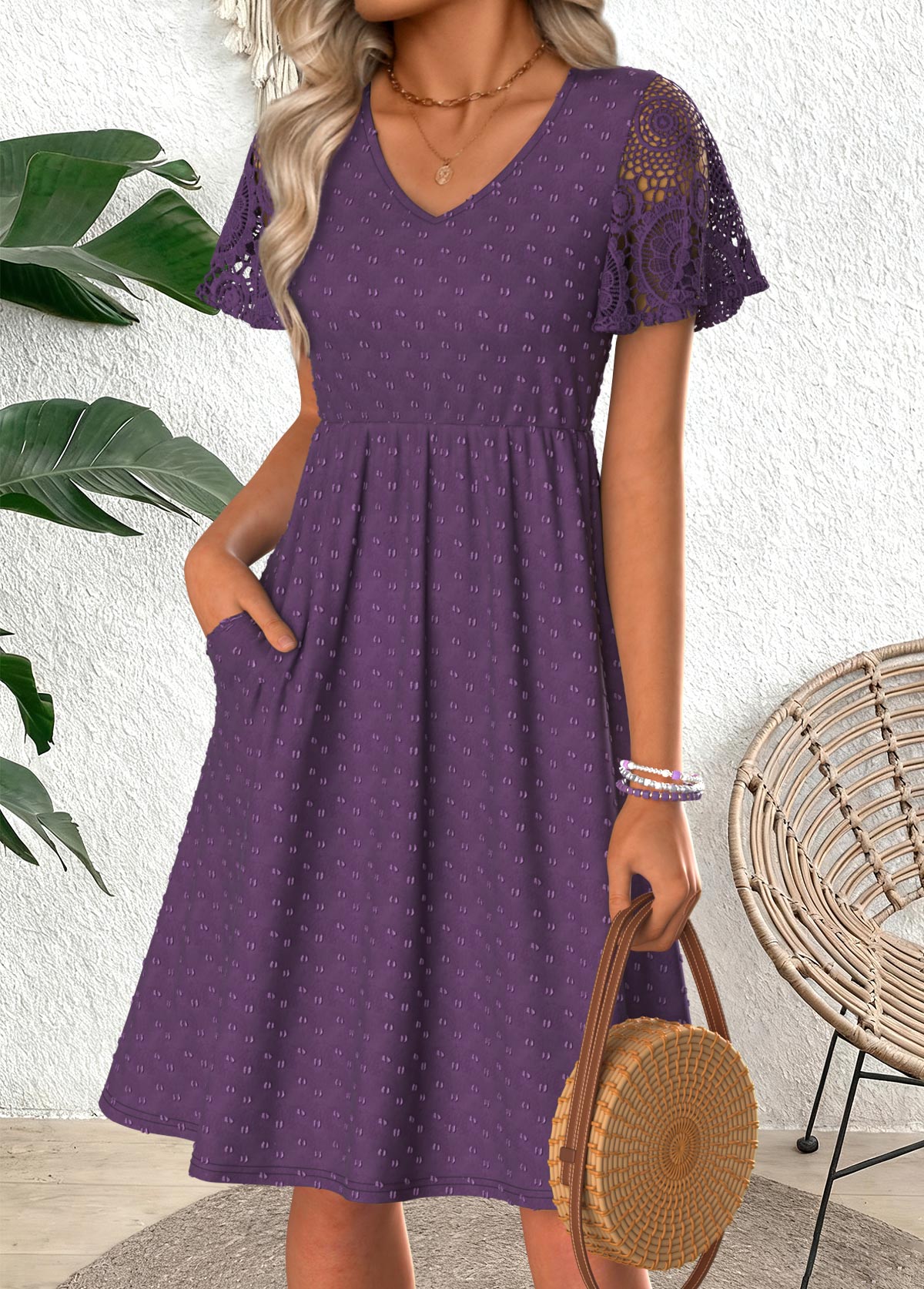 Dark Purple Shirred Short Sleeve V Neck Dress | picture 