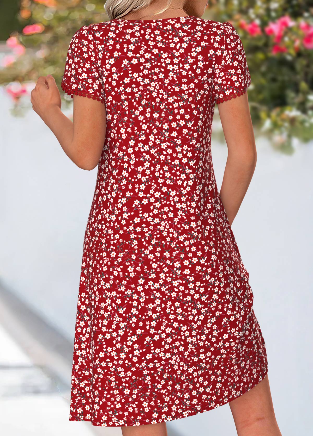 Red Ditsy Floral Print Short Tuck Stitch Dress | picture 
