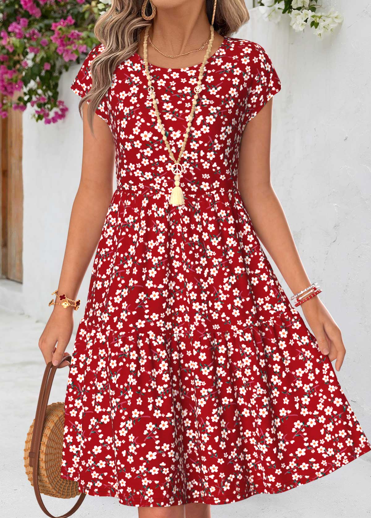 Red Ditsy Floral Print Shirred Short Sleeve Dress | picture 
