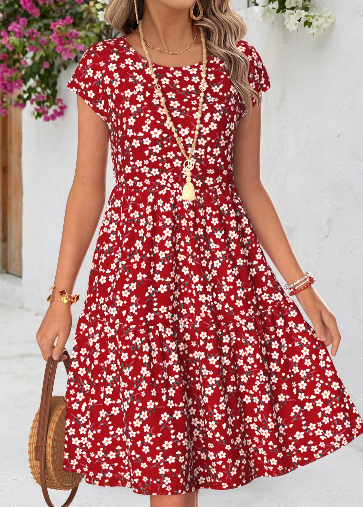 Red Ditsy Floral Print Shirred Short Sleeve Dress | picture 