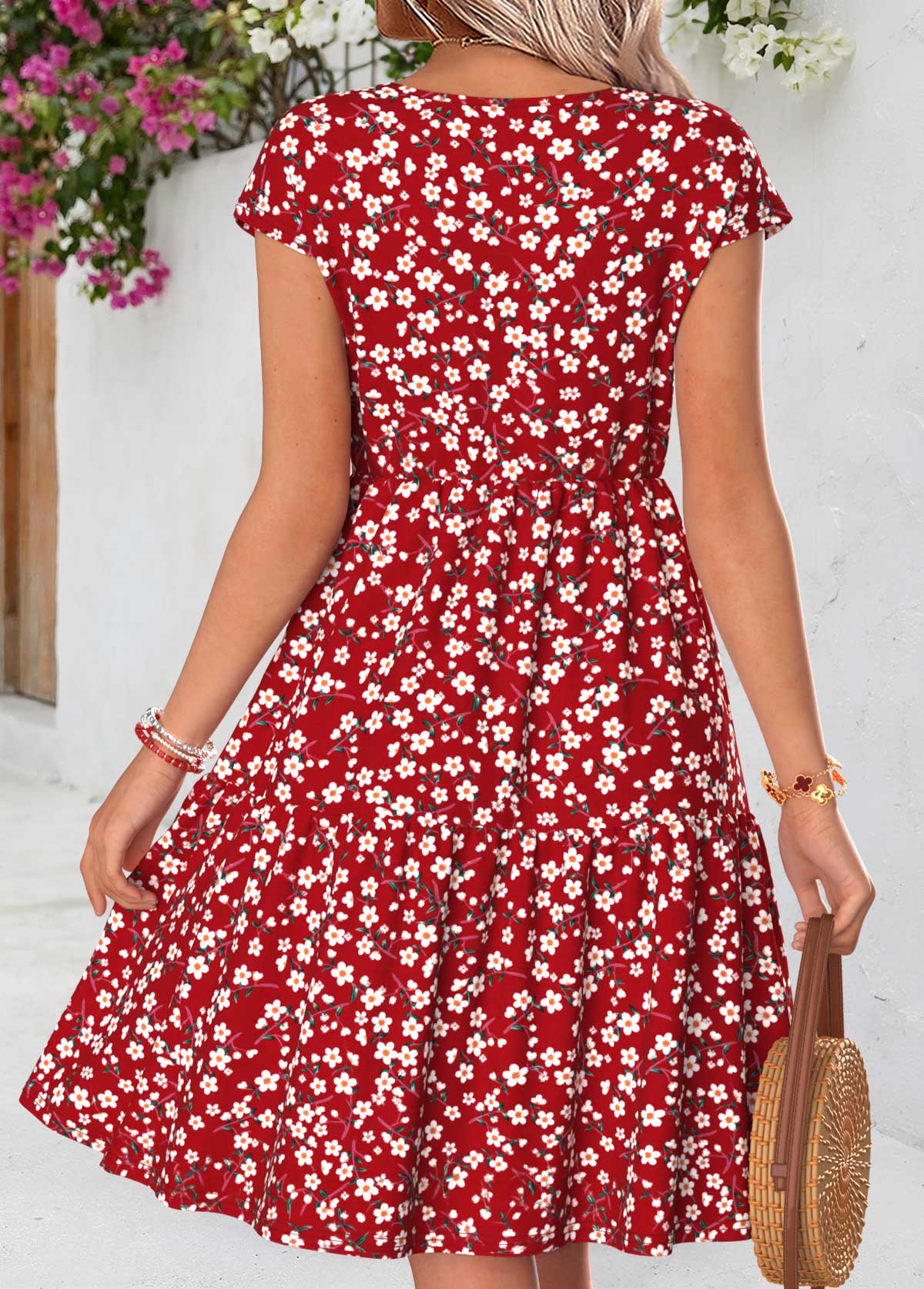Red Ditsy Floral Print Shirred Short Sleeve Dress | picture 