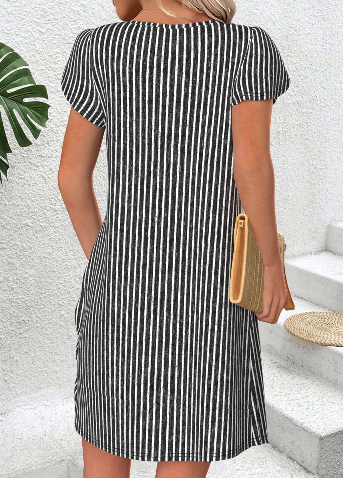 Black Striped Short Asymmetry Asymmetrical Neck Dress | picture 