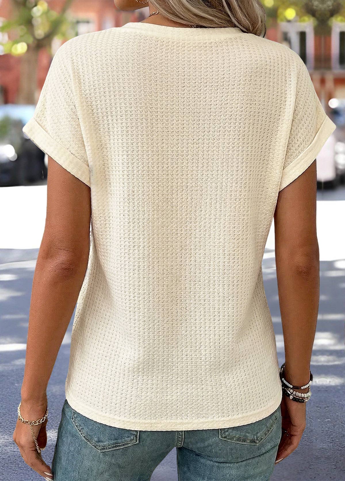 Beige Surplice Short Sleeve Round Neck T Shirt | picture 