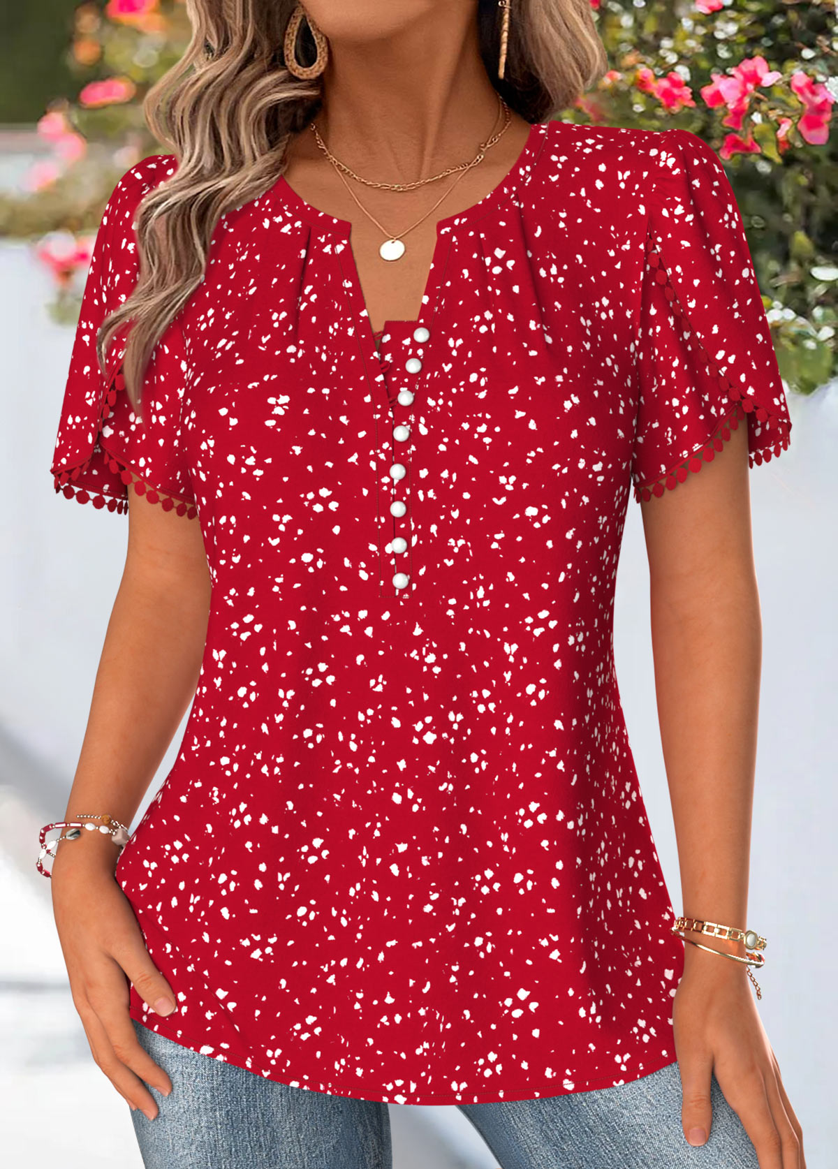 Red Polka Dot Curved Hem Short Sleeve Blouse | picture 