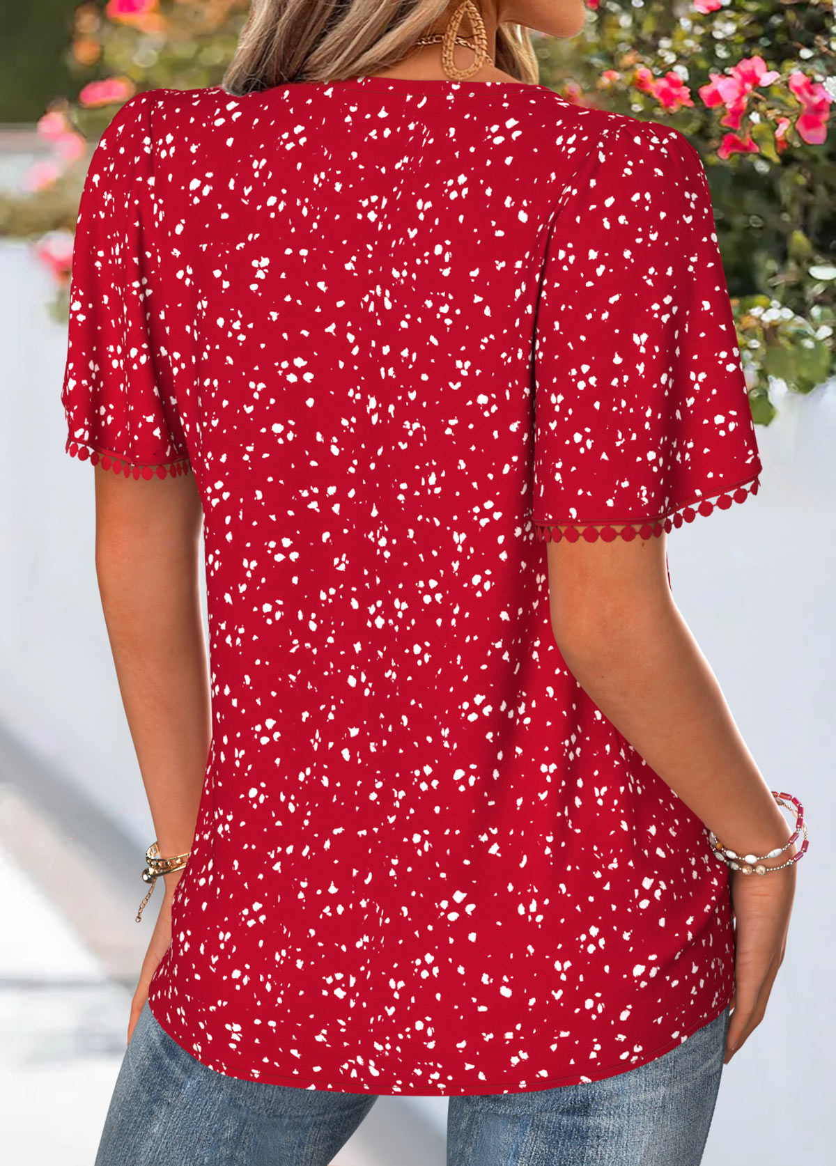 Red Polka Dot Curved Hem Short Sleeve Blouse | picture 