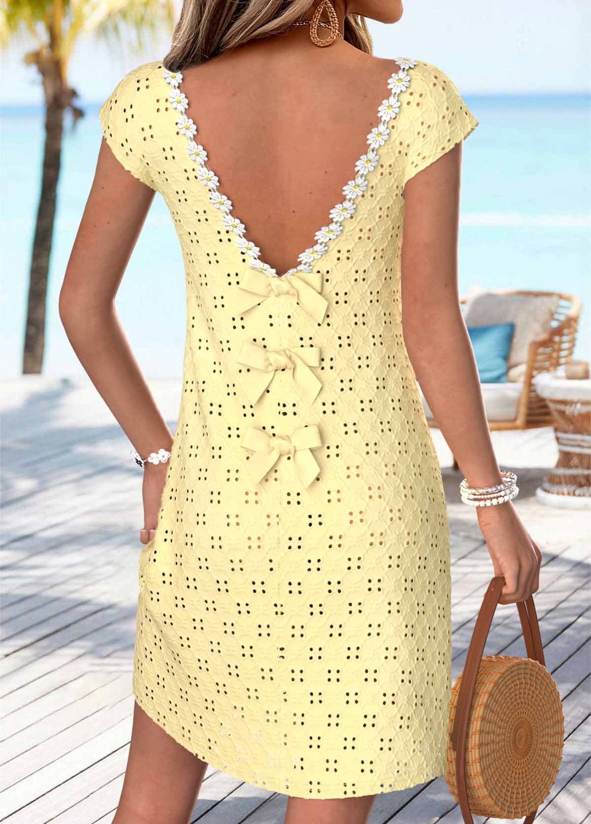 Light Yellow Short Bowknot V Neck Dress | picture 