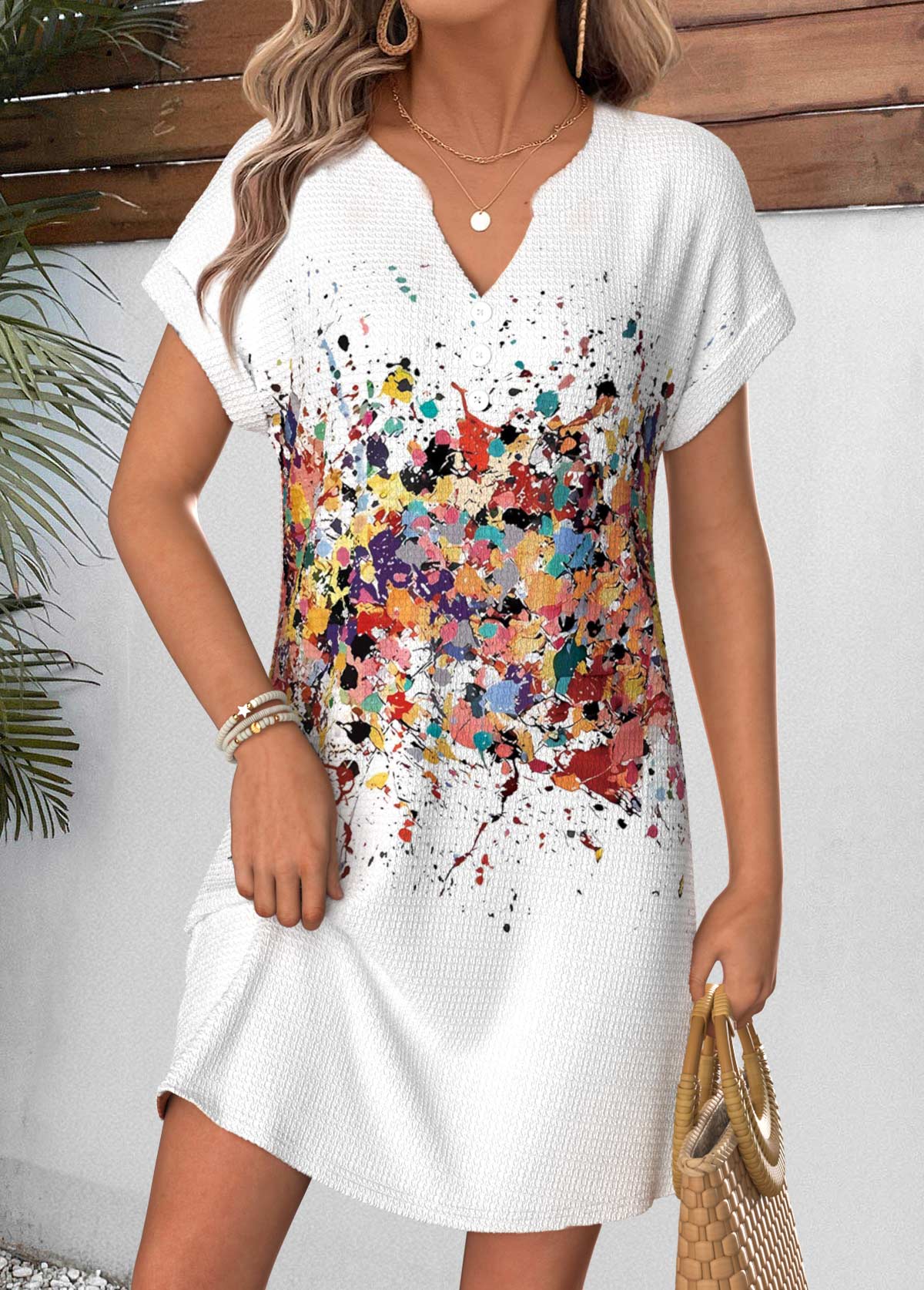 White Geometric Print Short Corset Split Neck Dress | picture 