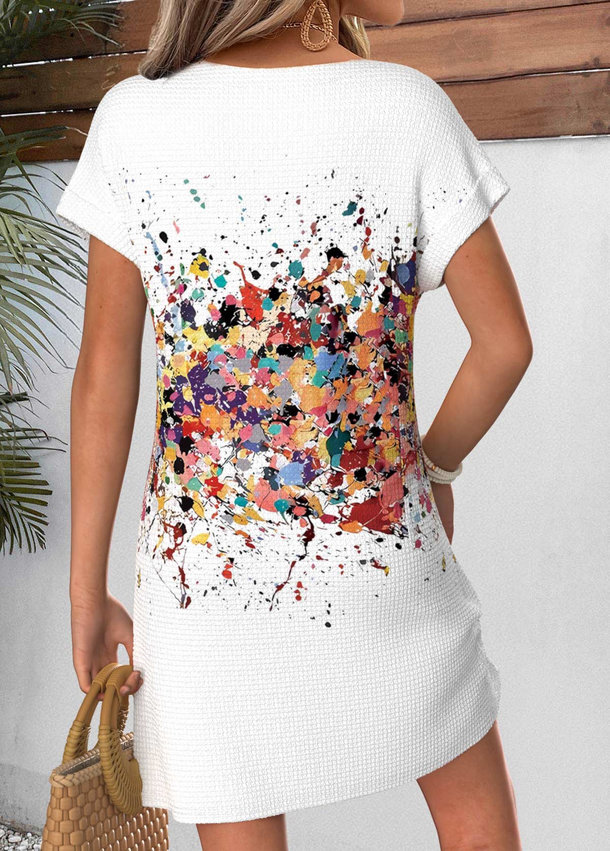 White Geometric Print Short Corset Split Neck Dress | picture 