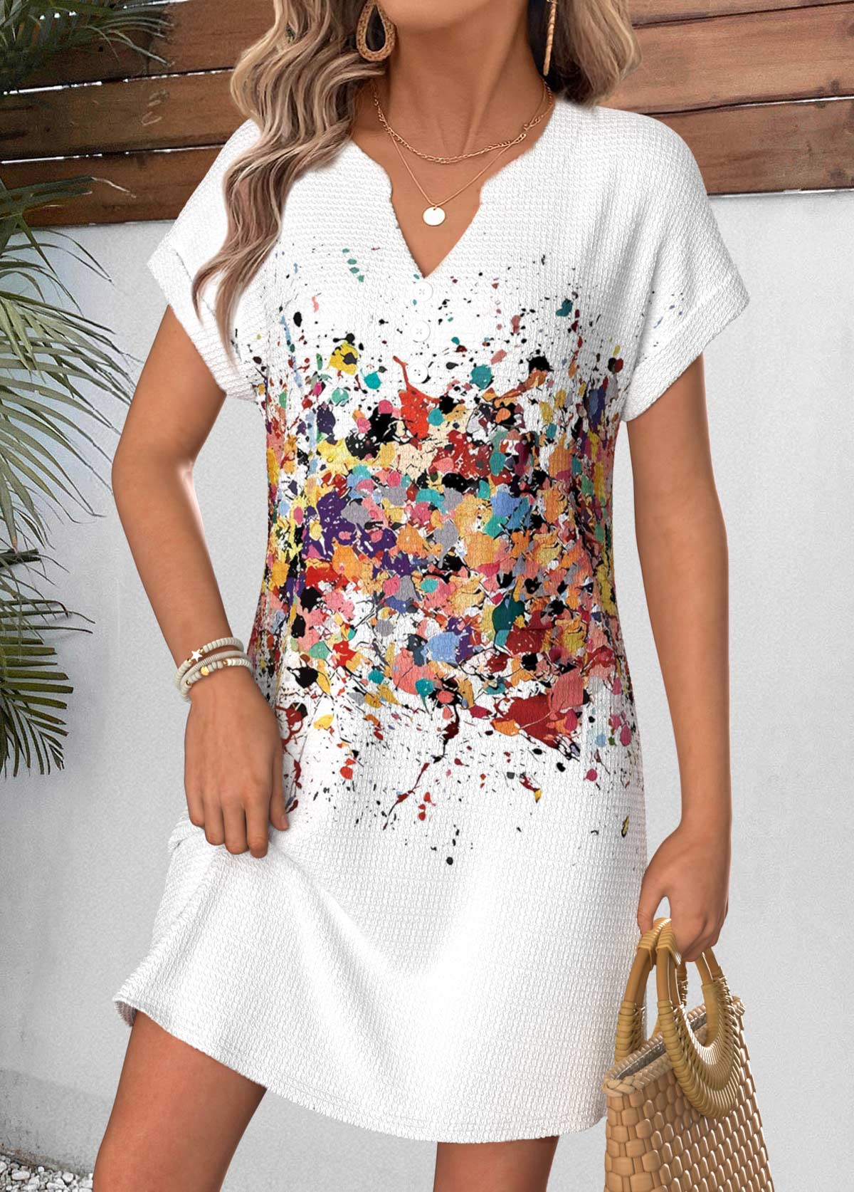 White Geometric Print Short Corset Split Neck Dress | picture 