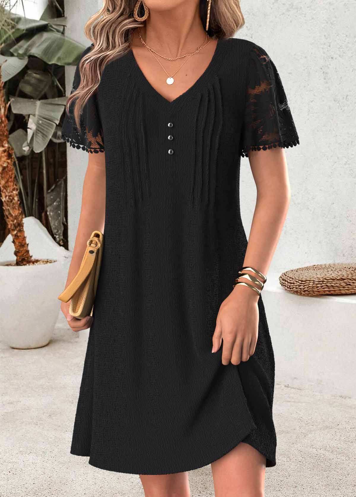 Black Short Tuck Stitch V Neck Dress | picture 